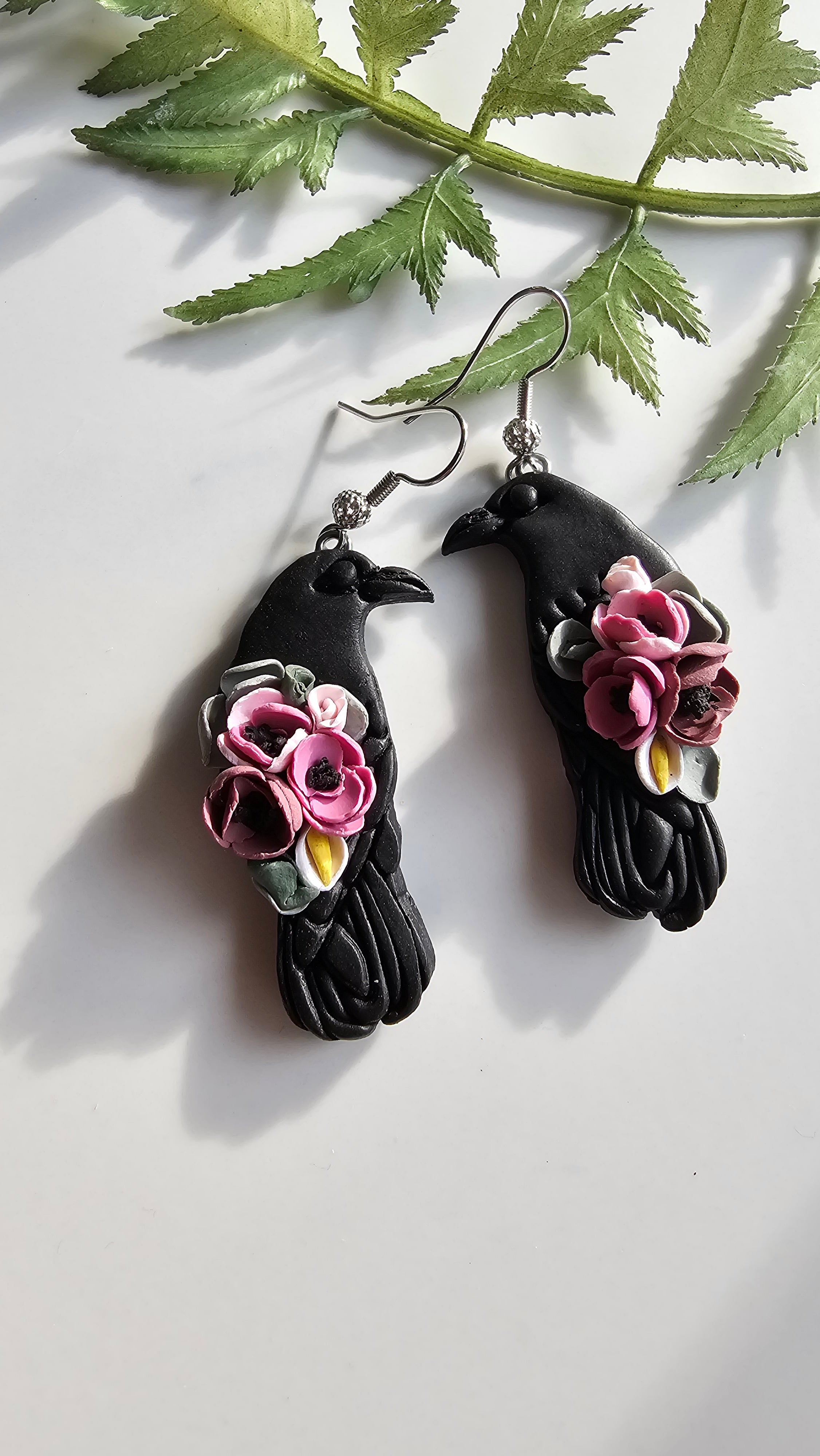 Floral Ravens, Mystical Raven Earrings, Handmade Polymer Clay Jewelry