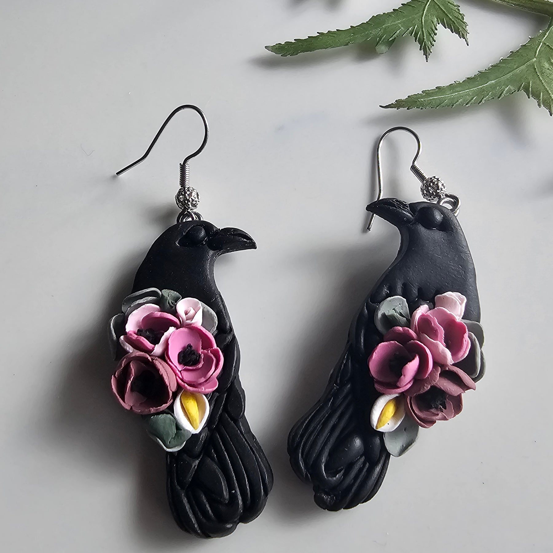 Floral Ravens, Mystical Raven Earrings, Handmade Polymer Clay Jewelry