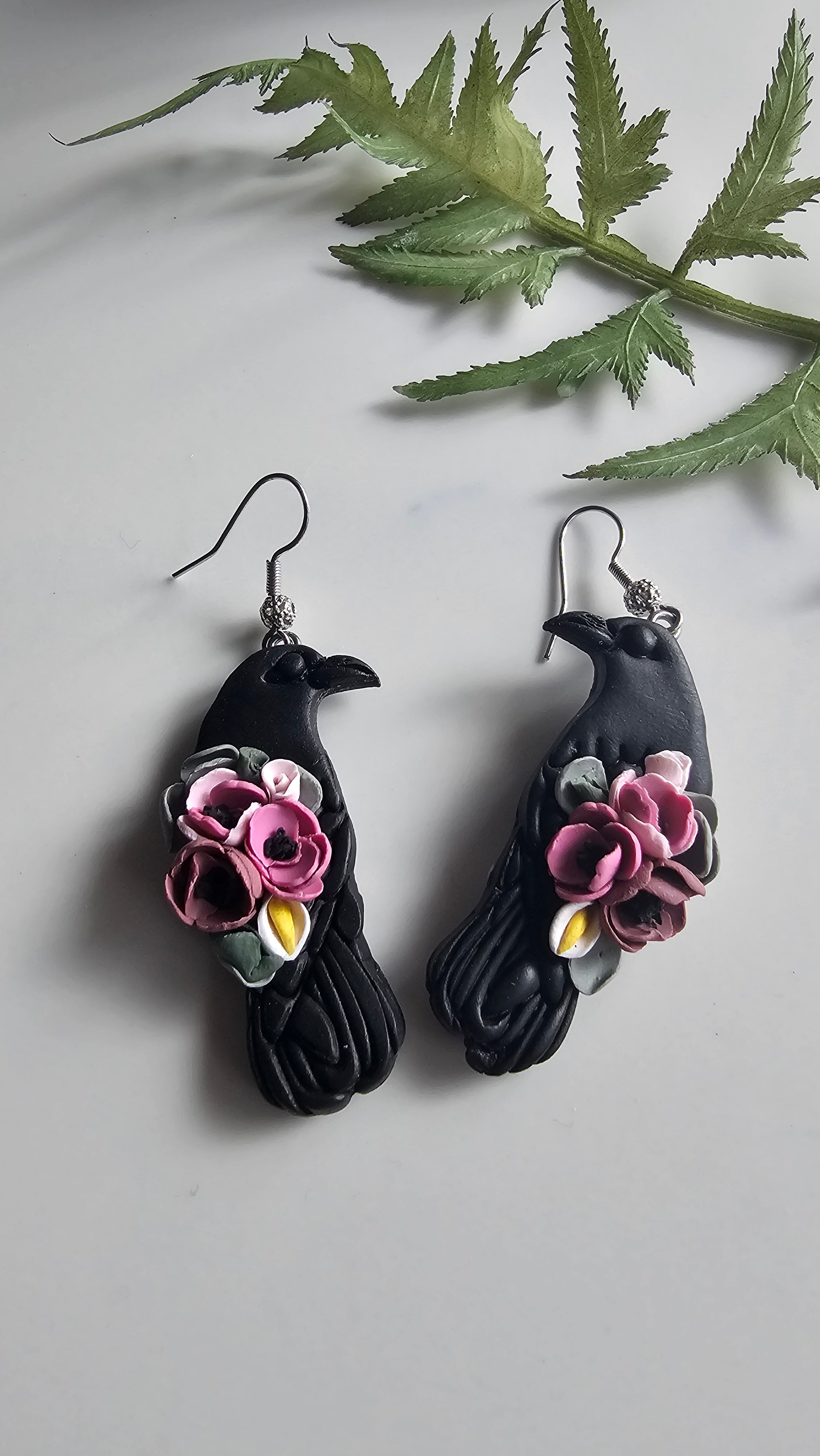Floral Ravens, Mystical Raven Earrings, Handmade Polymer Clay Jewelry