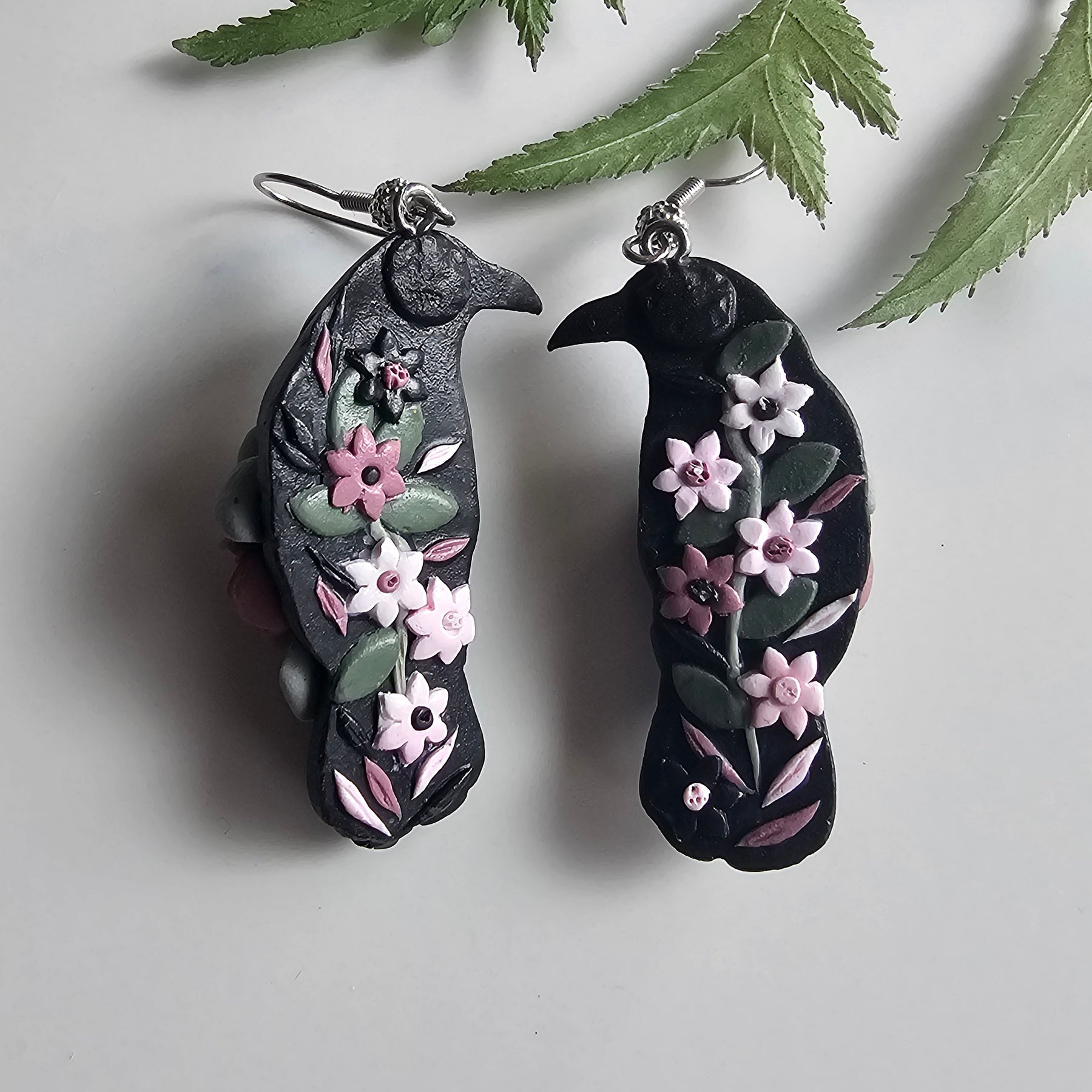 Floral Ravens, Mystical Raven Earrings, Handmade Polymer Clay Jewelry
