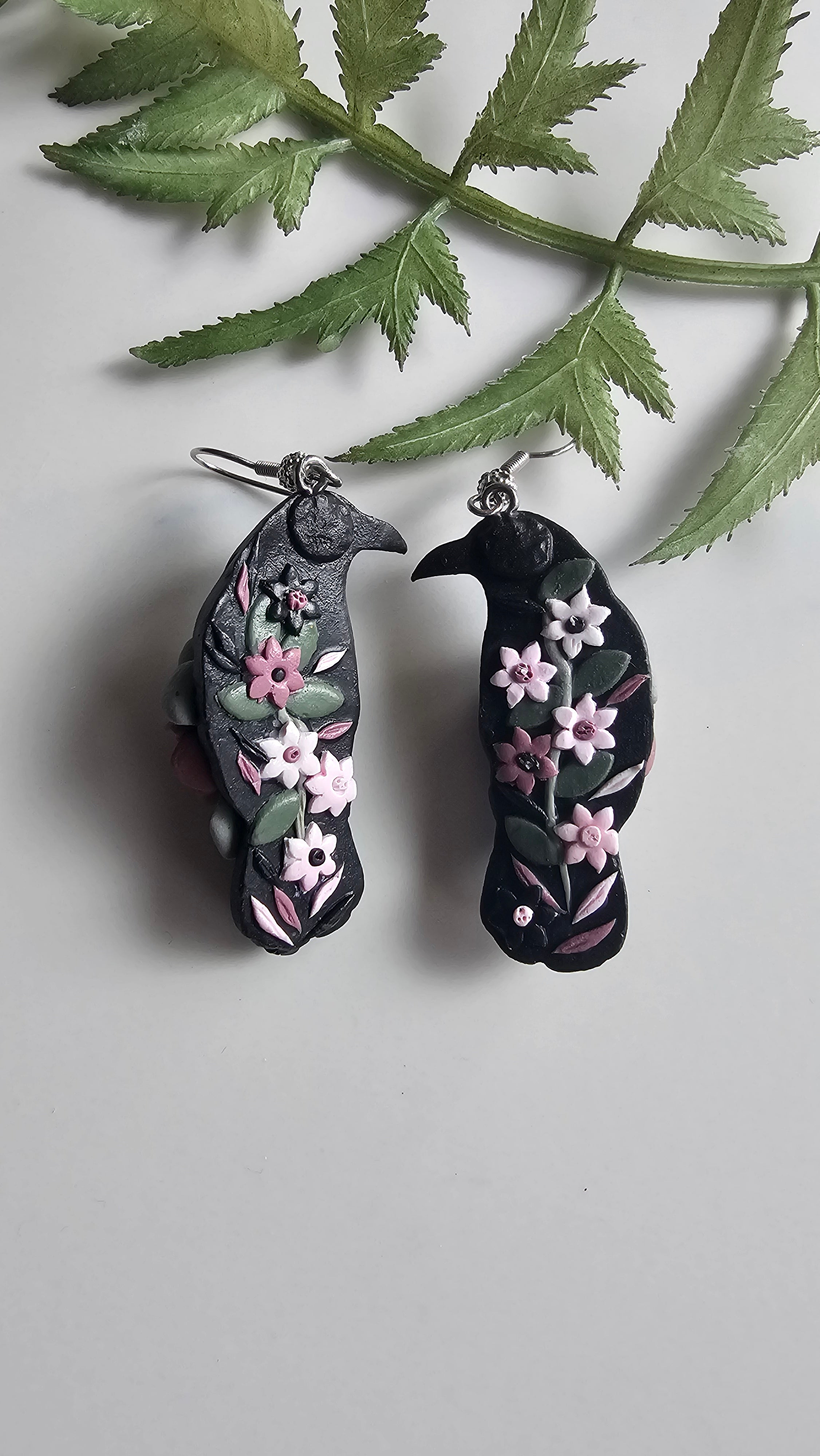 Floral Ravens, Mystical Raven Earrings, Handmade Polymer Clay Jewelry