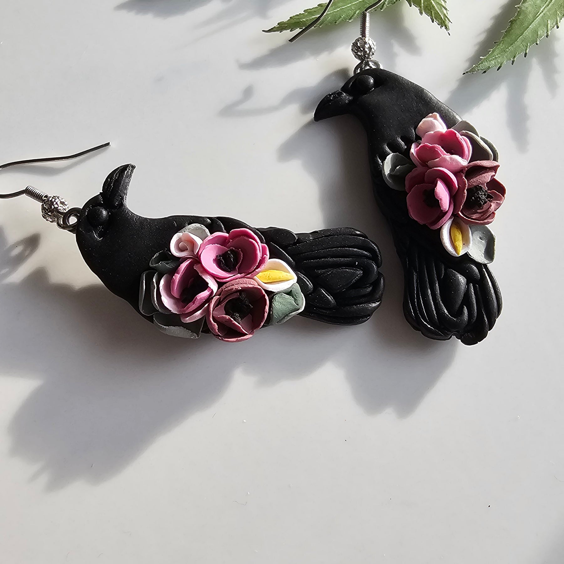 Floral Ravens, Mystical Raven Earrings, Handmade Polymer Clay Jewelry