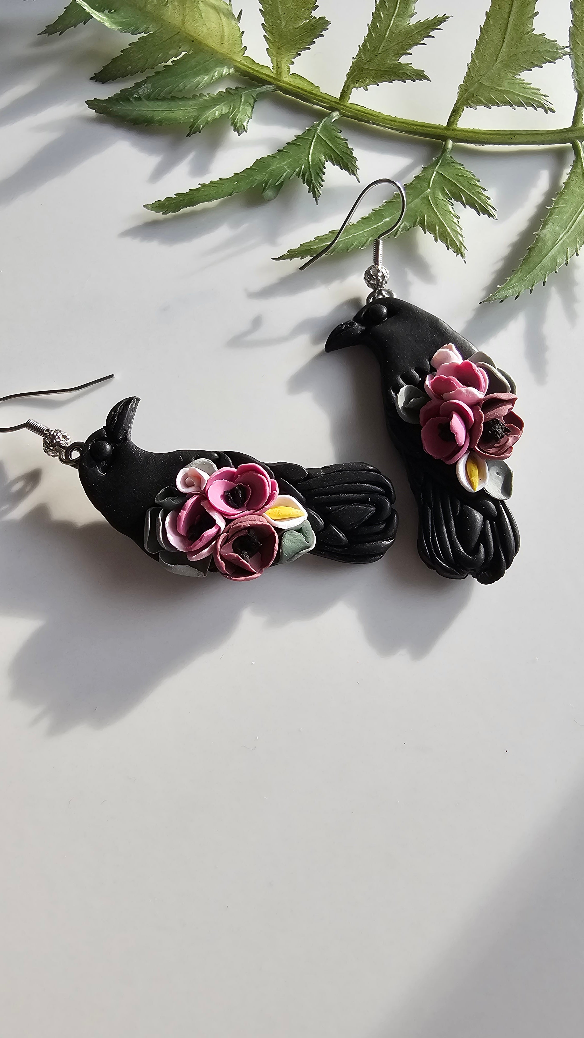 Floral Ravens, Mystical Raven Earrings, Handmade Polymer Clay Jewelry