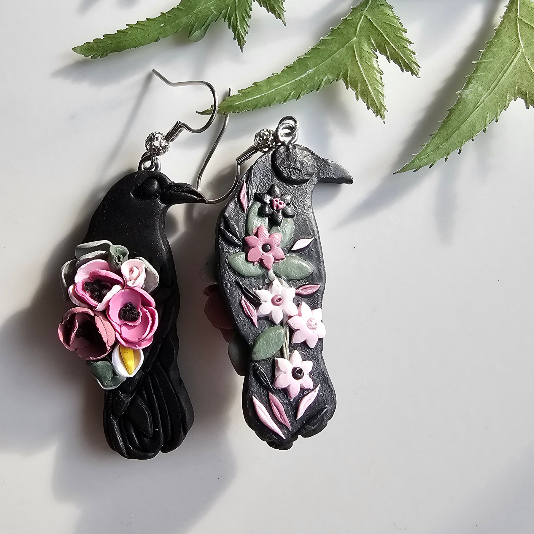 Floral Ravens, Mystical Raven Earrings, Handmade Polymer Clay Jewelry