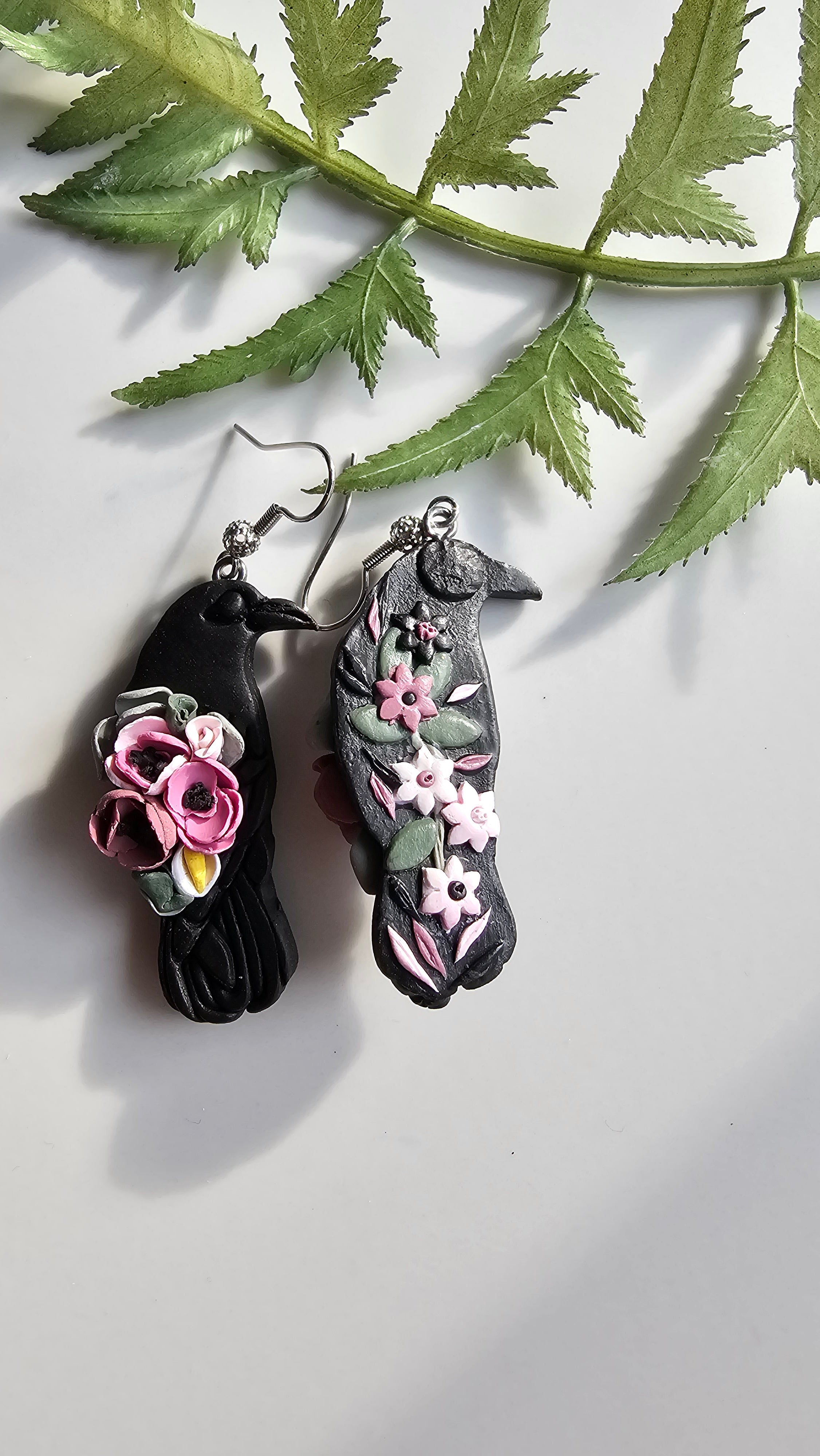 Floral Ravens, Mystical Raven Earrings, Handmade Polymer Clay Jewelry