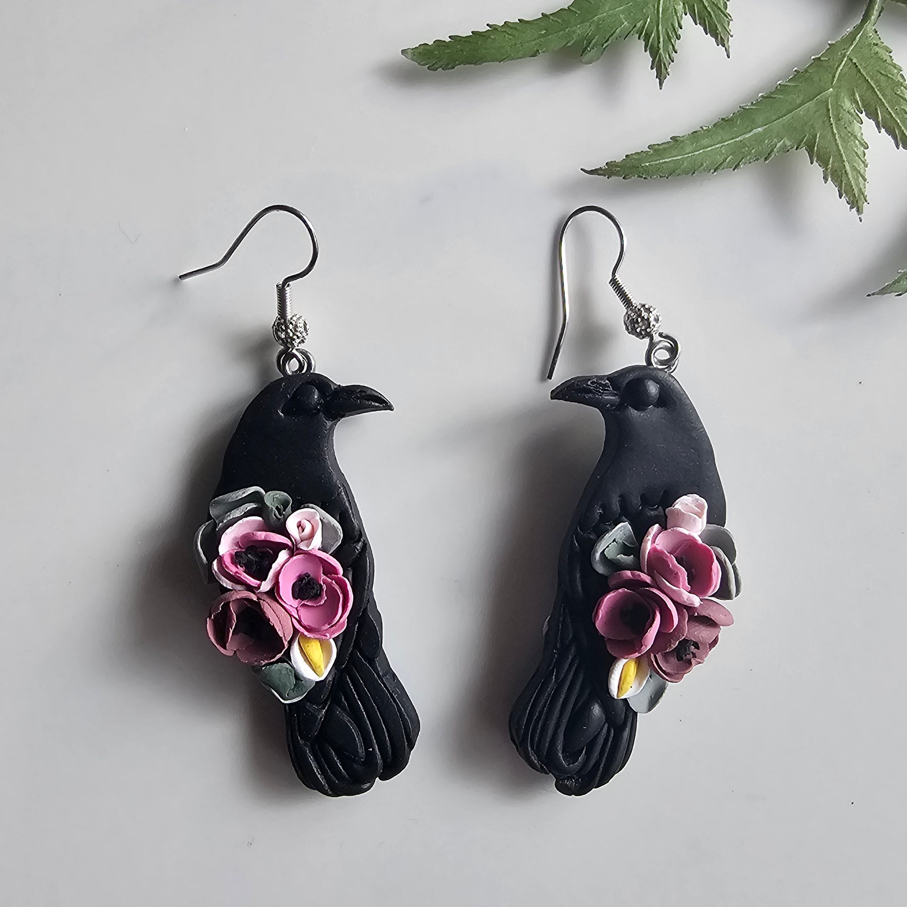 Floral Ravens, Mystical Raven Earrings, Handmade Polymer Clay Jewelry