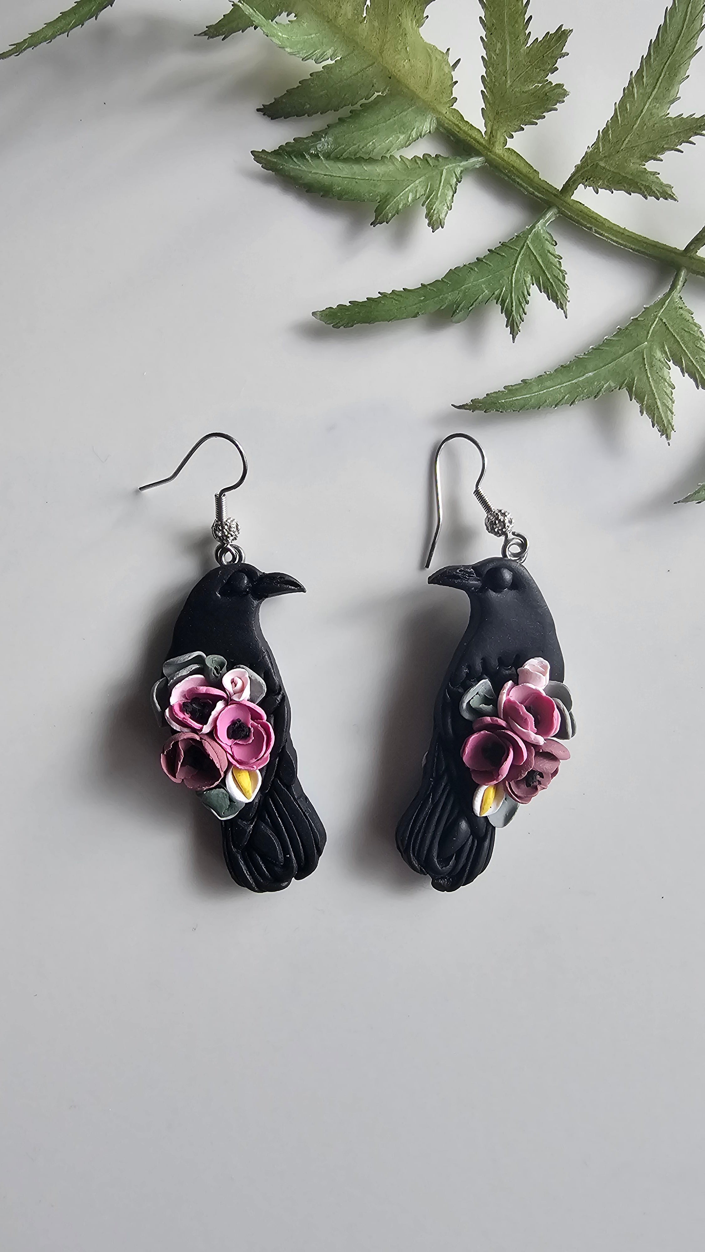 Floral Ravens, Mystical Raven Earrings, Handmade Polymer Clay Jewelry