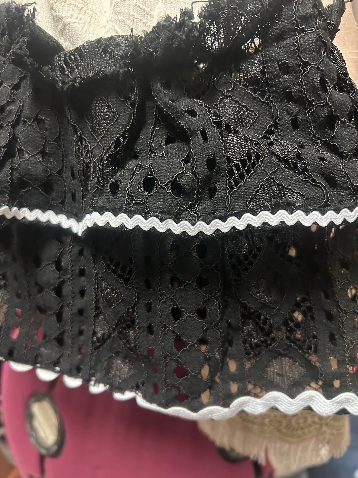 Upcycled Cream Embossed Bolero Black Lace Sleeves