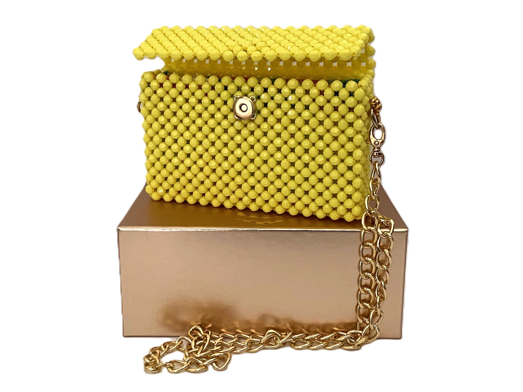 Lemon beaded clutch bag with chain