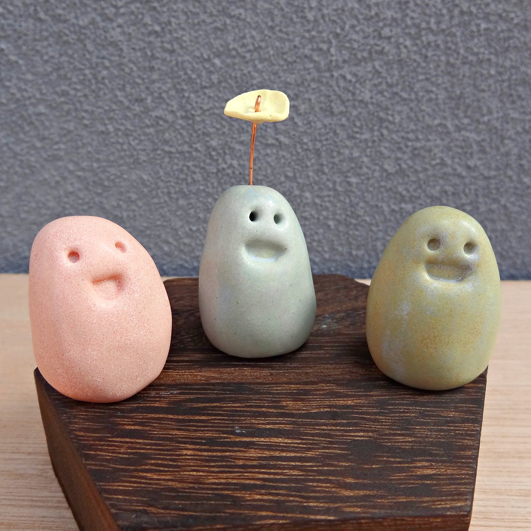 Set of 3 miniature ceramic pebble pets. Collectable tiny ceramic pottery stone friends. Handmade Whimsical Shelf or desk decor