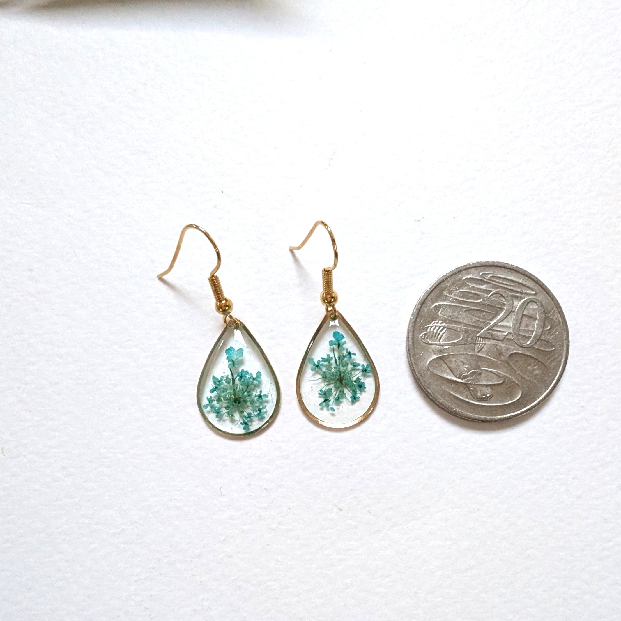 Gold teardrop earrings with teal Queen Anne's Lace