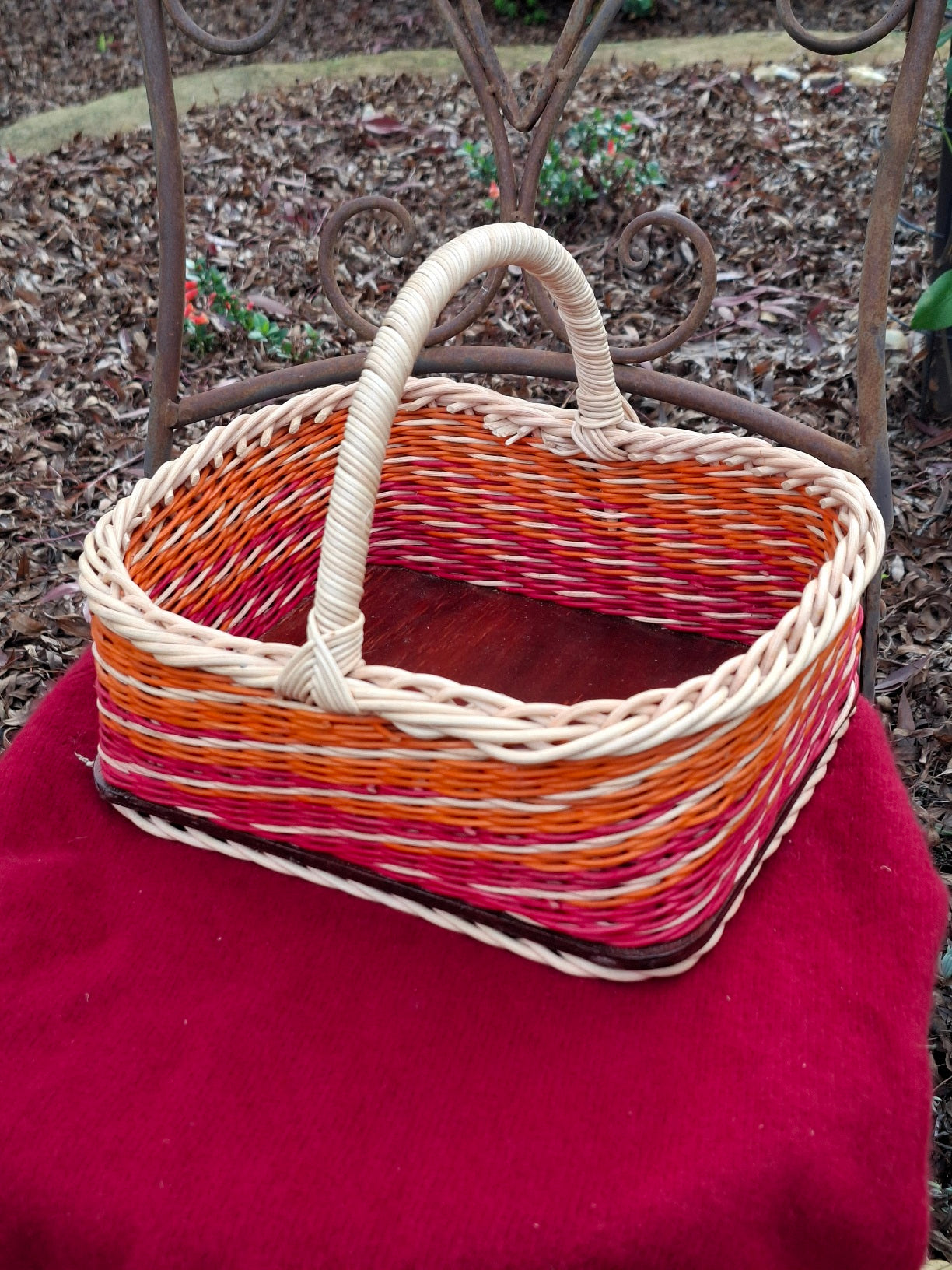 Large Rectangular basket  red,orange and natural wicker.