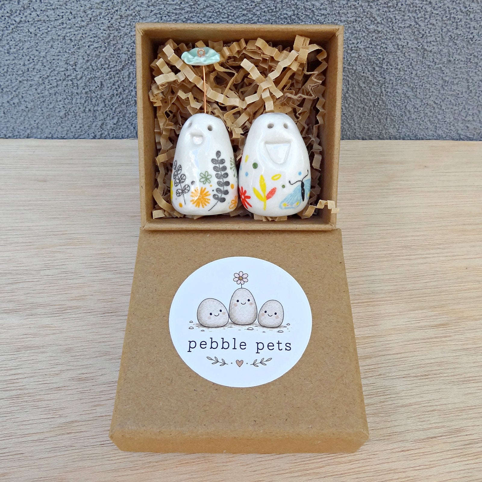 Set of 2 miniature ceramic pebble pets. Collectable tiny ceramic pottery stone friends. Handmade Whimsical Shelf or desk decor