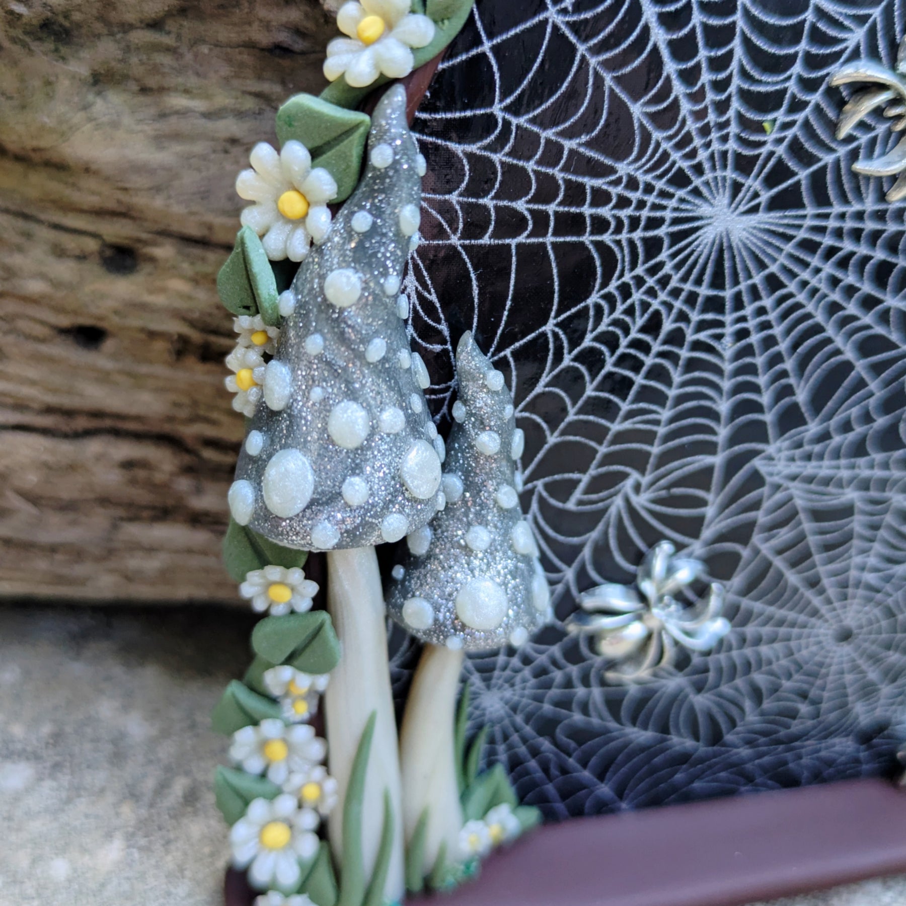 Spiderweb Forest Fairy door with glow in the dark mushrooms
