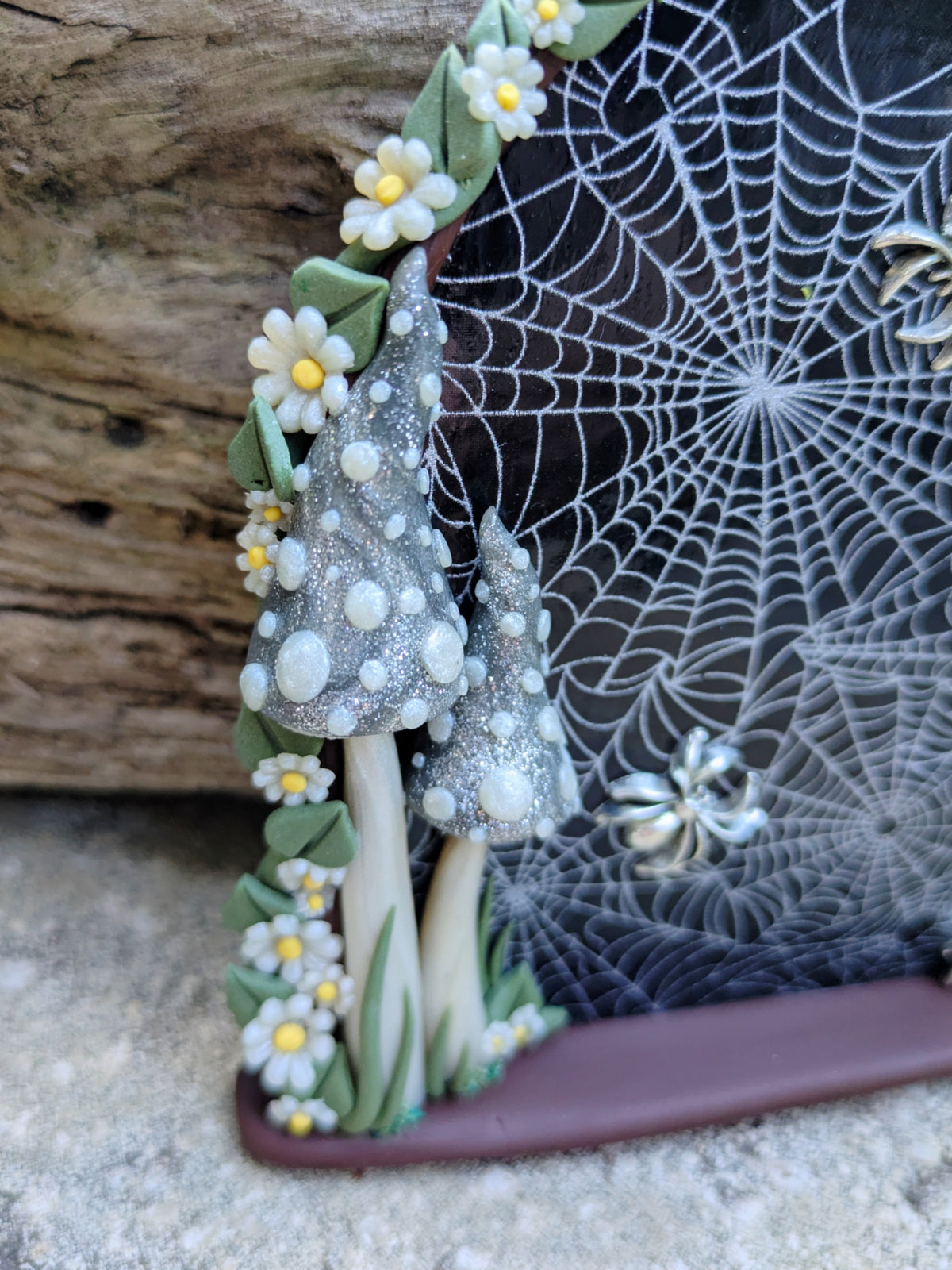 Spiderweb Forest Fairy door with glow in the dark mushrooms