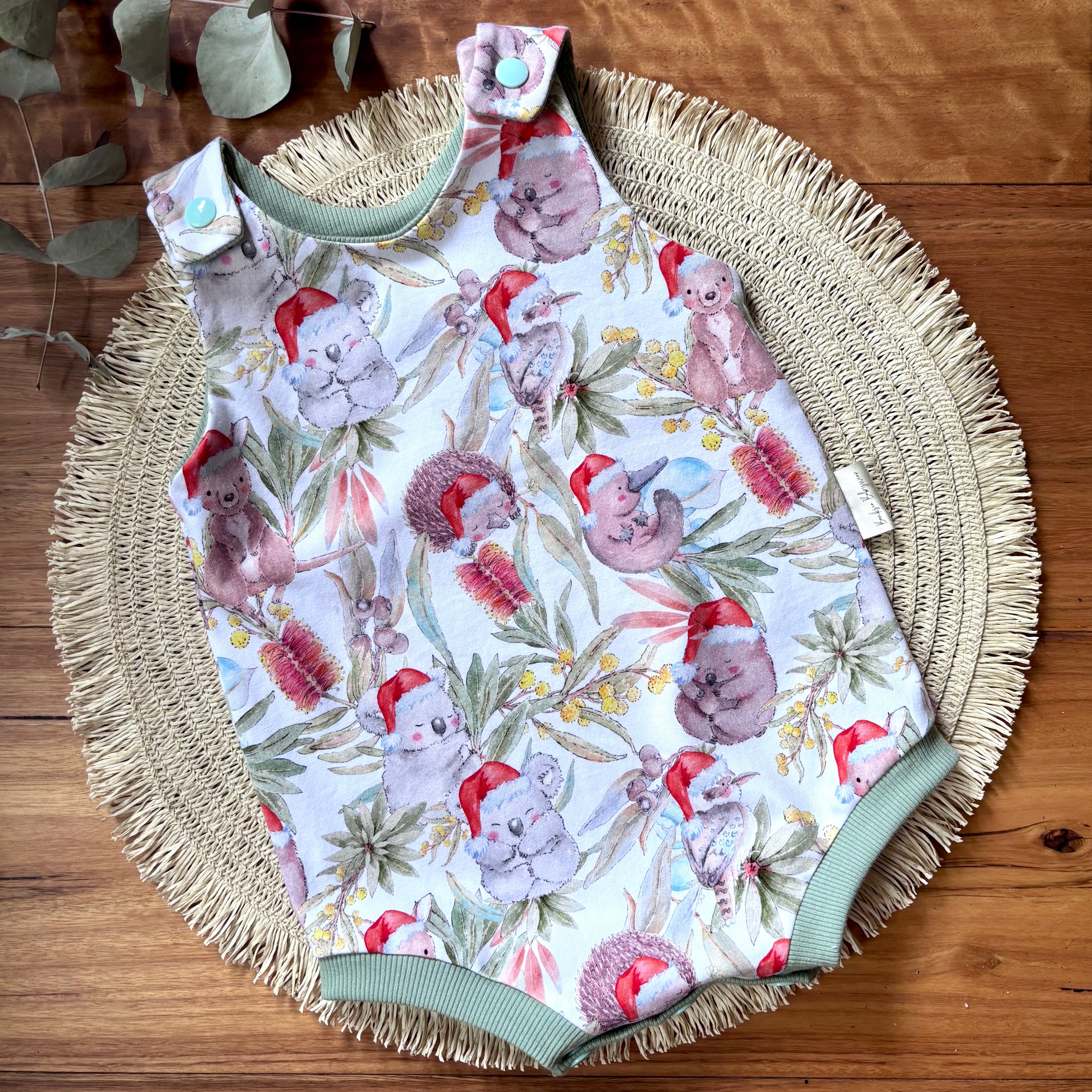 Christmas Baby Summer Romper - Green Aussie Animals