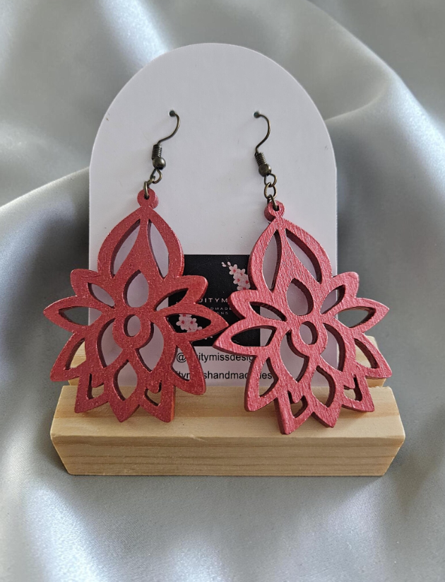 Handpainted Wooden Mandala earrings - Burnt Orange