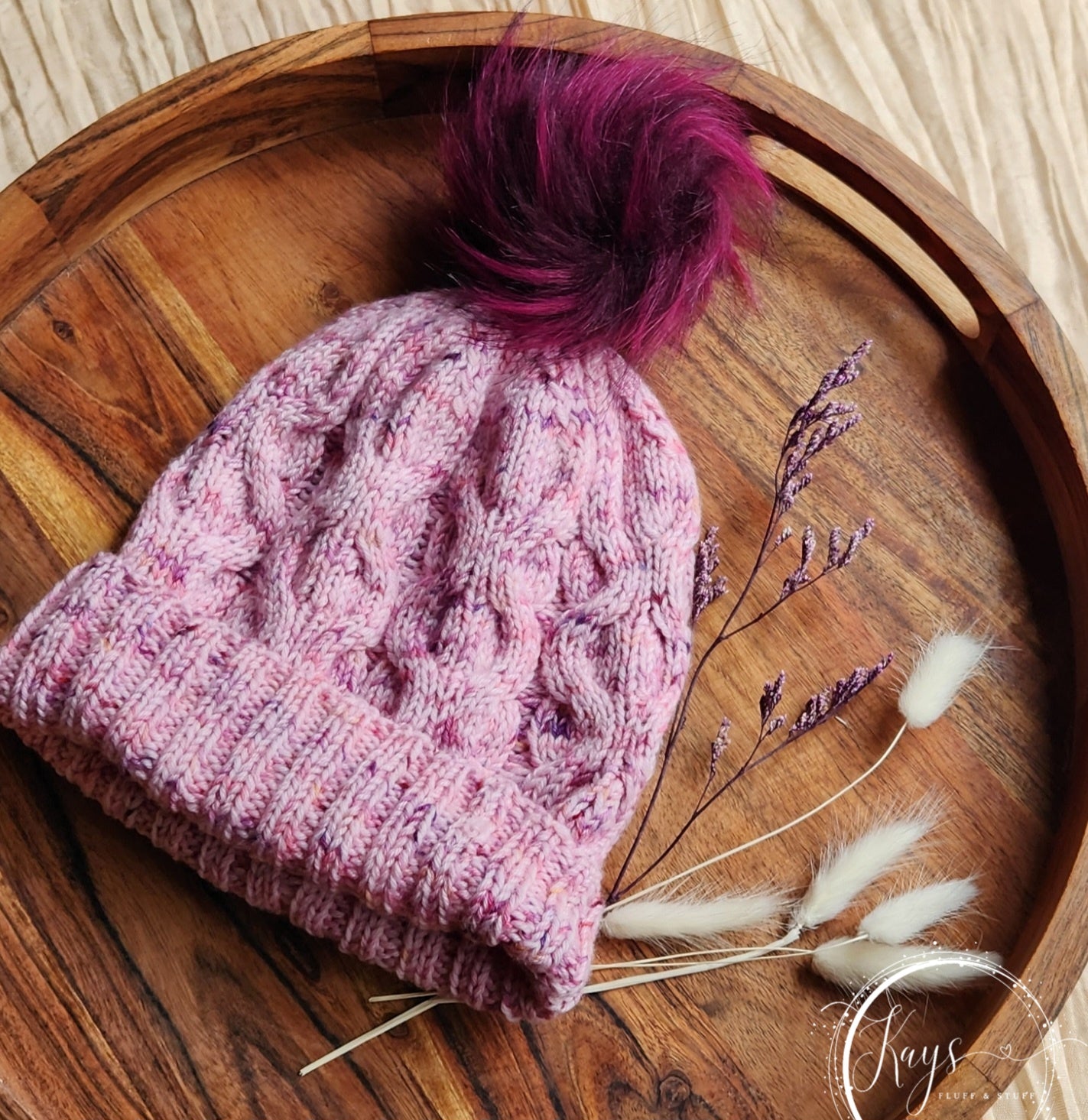 Handknit Pink Beanie with removable pompom
