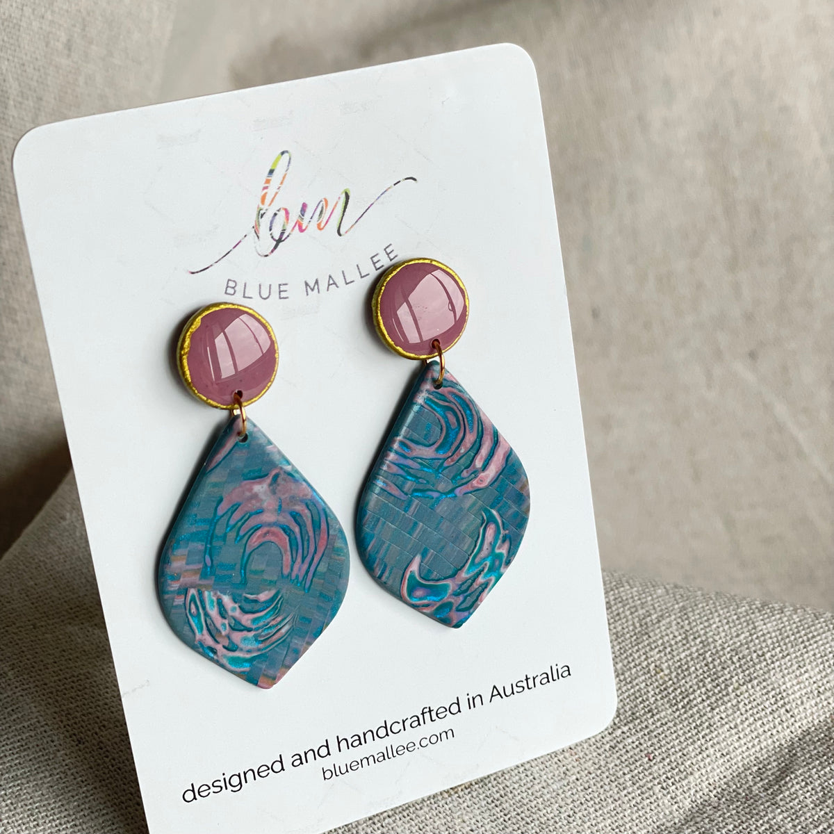 Polymer Clay Teardrop Stud Drop Earrings – Teal & Pink
