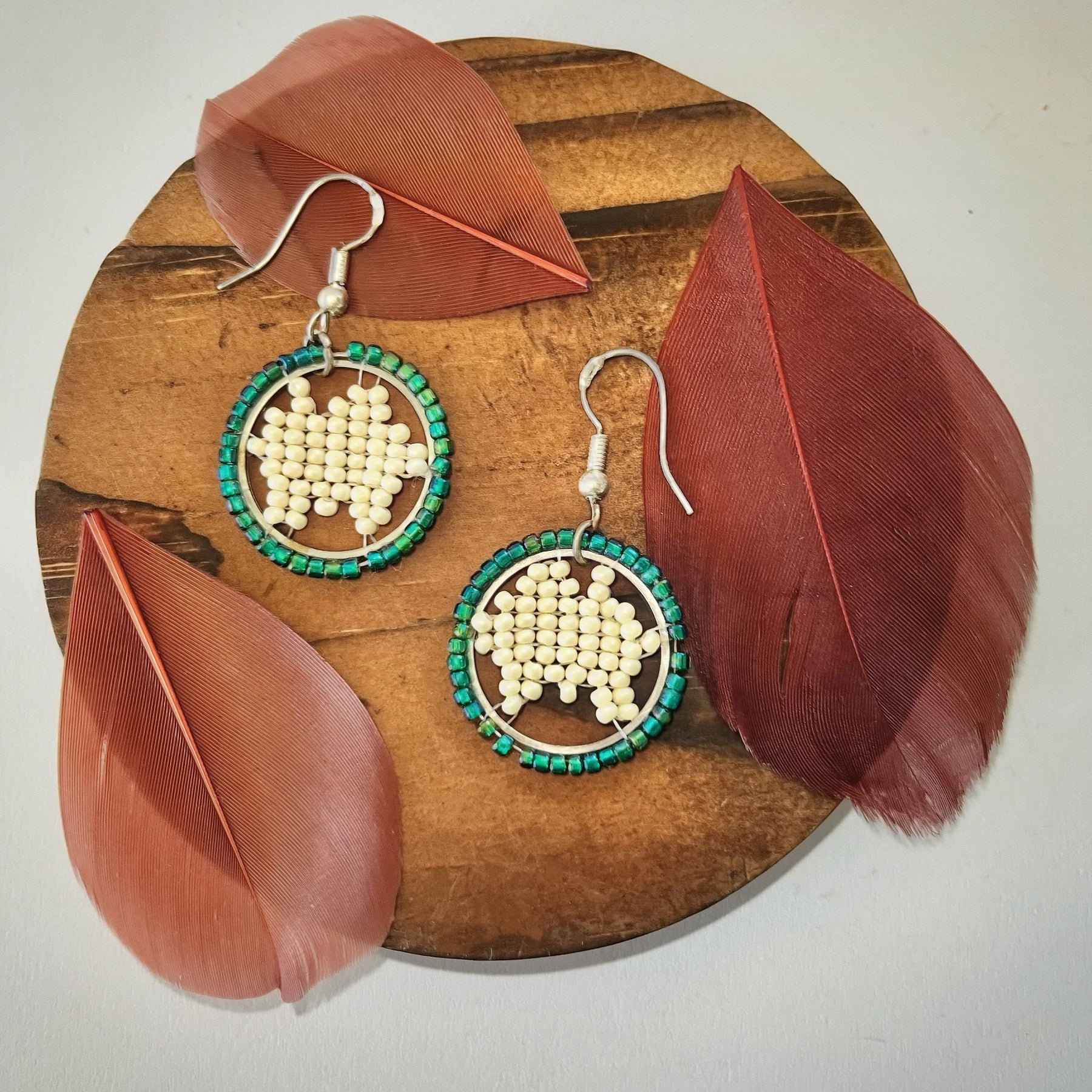 🌏 Australian Mainland | Dandle Beaded Earrings | white, cream, green, emerald