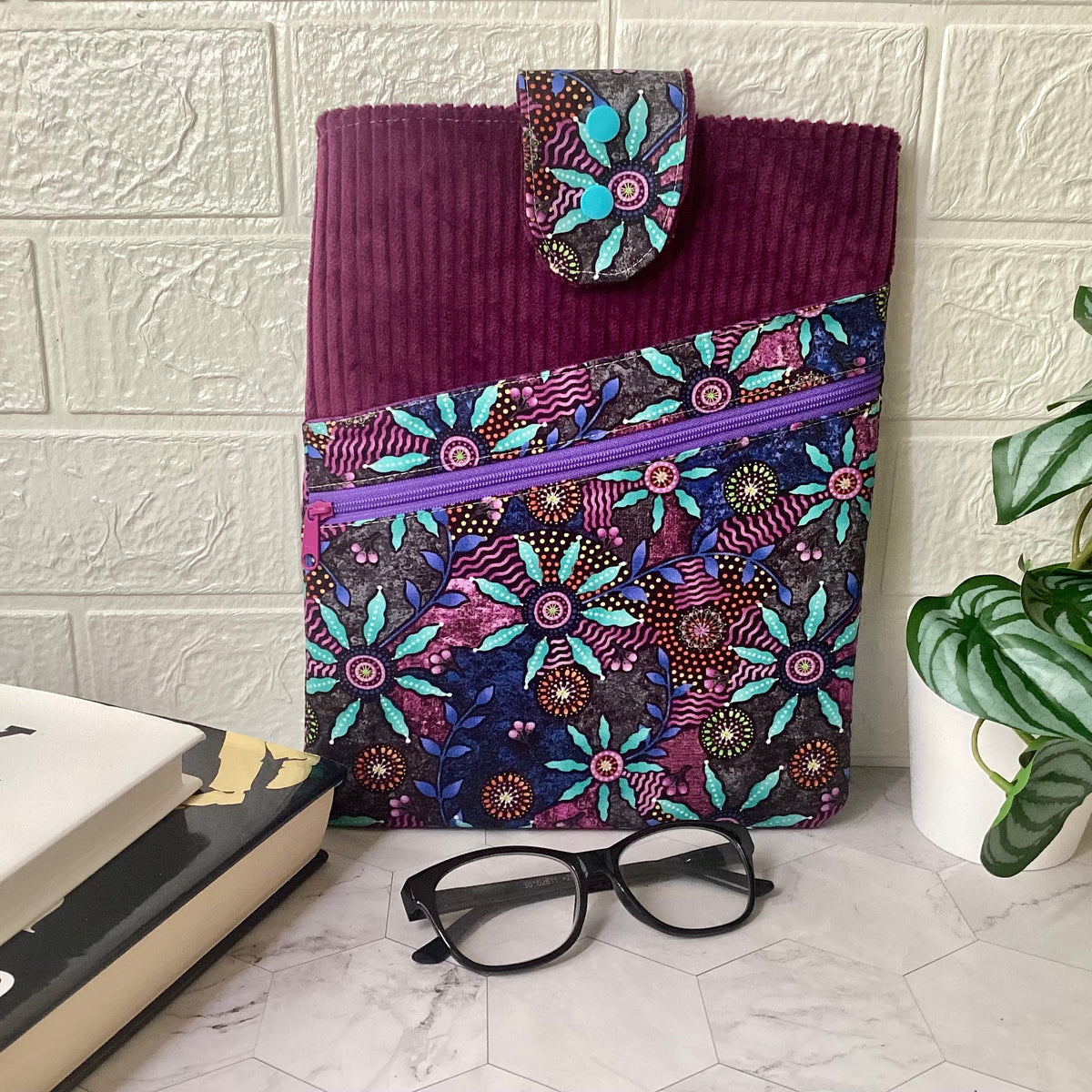 Indigenous print fabric book sleeve with 2 pockets. iPad, tablet pouch