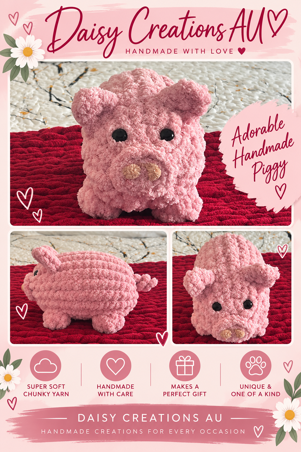 🐷 Handmade Knitted Poppy The  Pig – A Sweet and Cuddly Gift