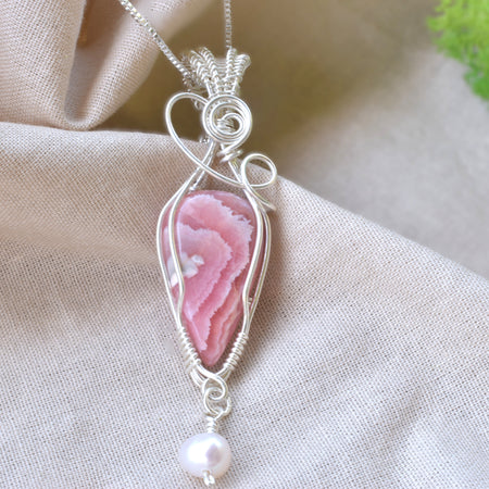 A Moment of Grace – Rhodochrosite & Pearl Wire Wrapped Pendant