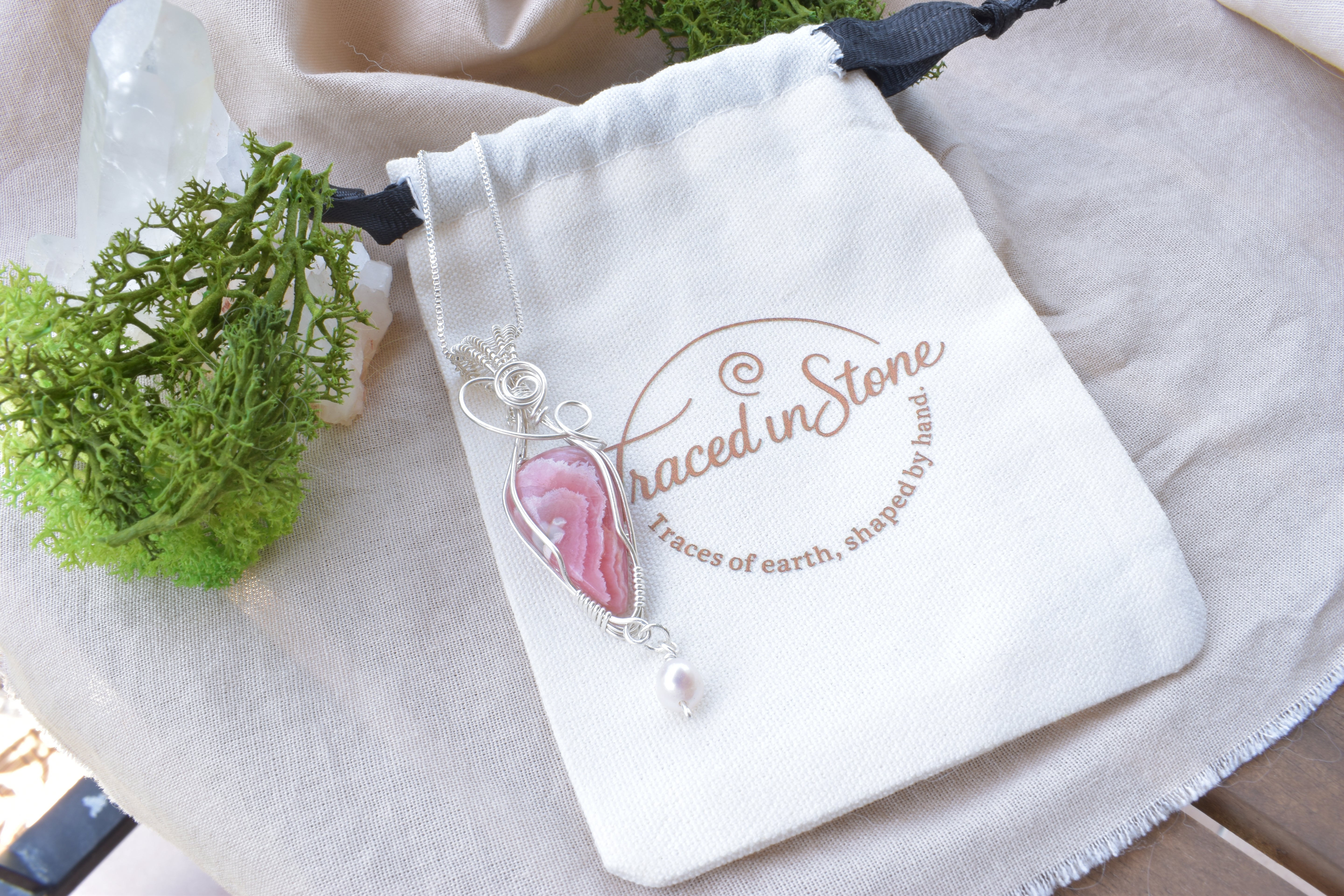 A Moment of Grace – Rhodochrosite & Pearl Wire Wrapped Pendant