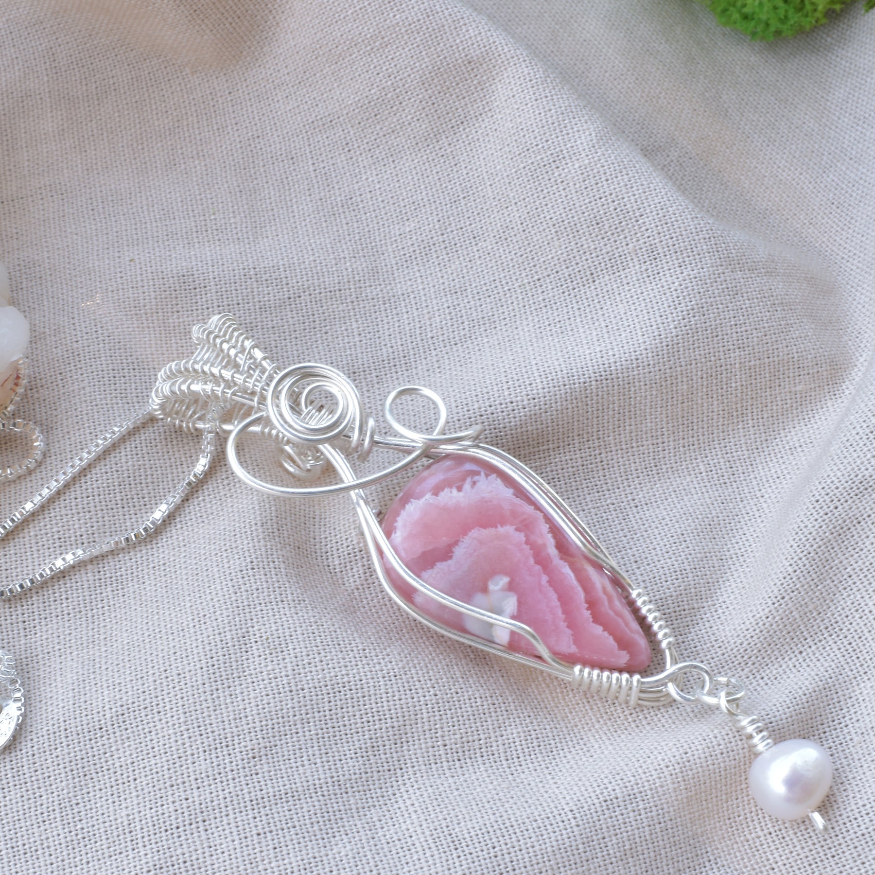 A Moment of Grace – Rhodochrosite & Pearl Wire Wrapped Pendant