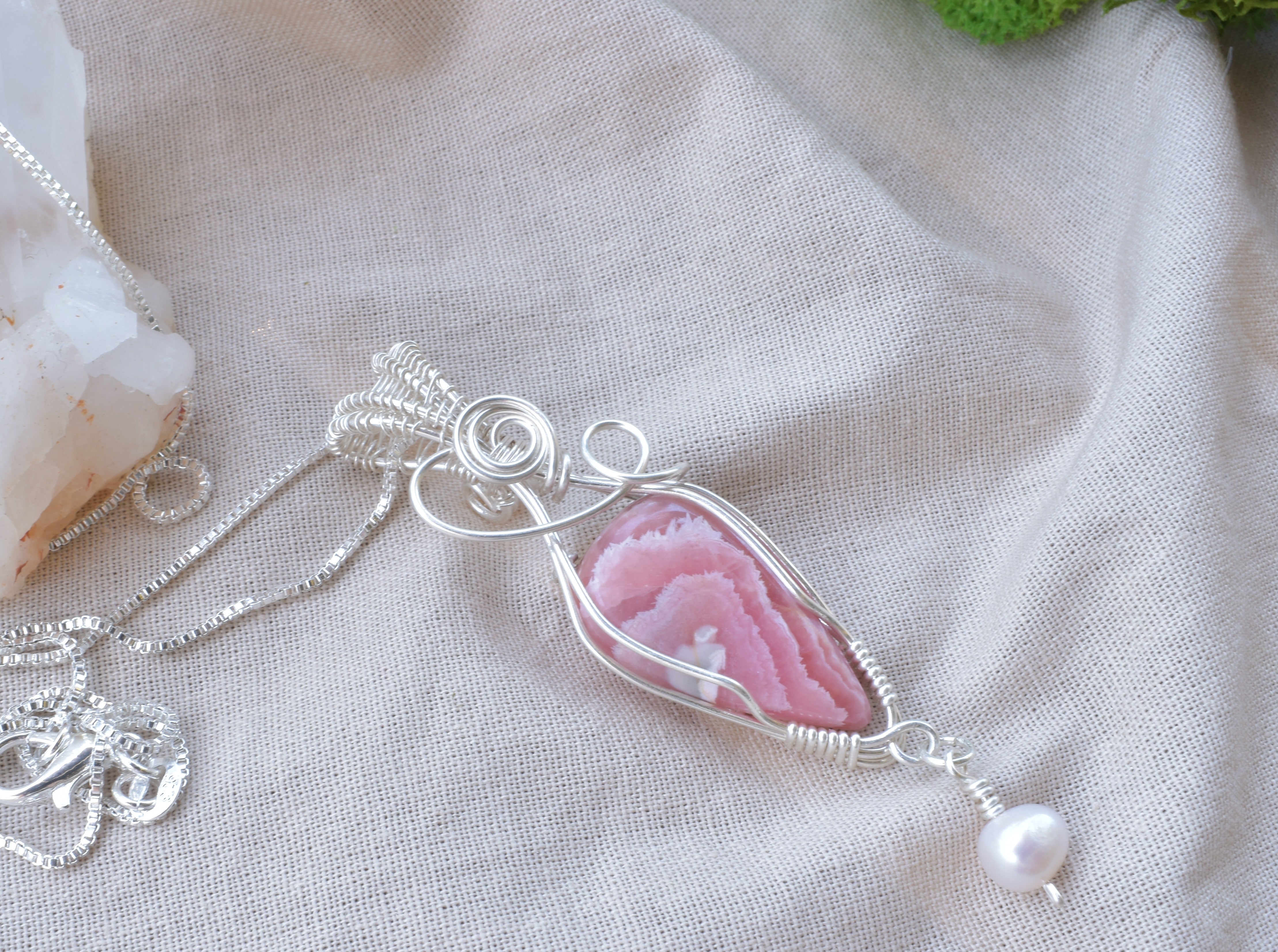 A Moment of Grace – Rhodochrosite & Pearl Wire Wrapped Pendant