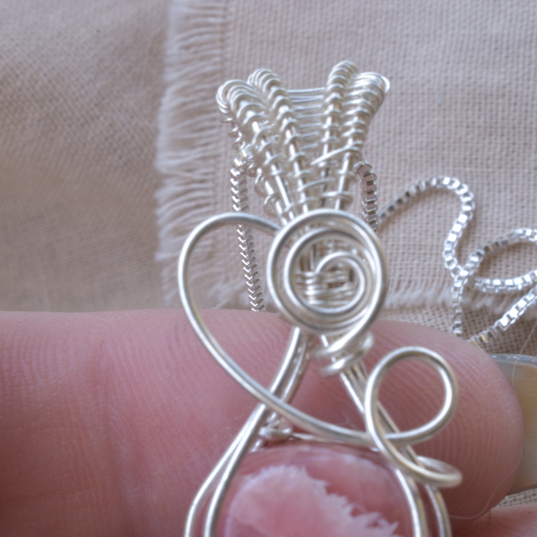 A Moment of Grace – Rhodochrosite & Pearl Wire Wrapped Pendant