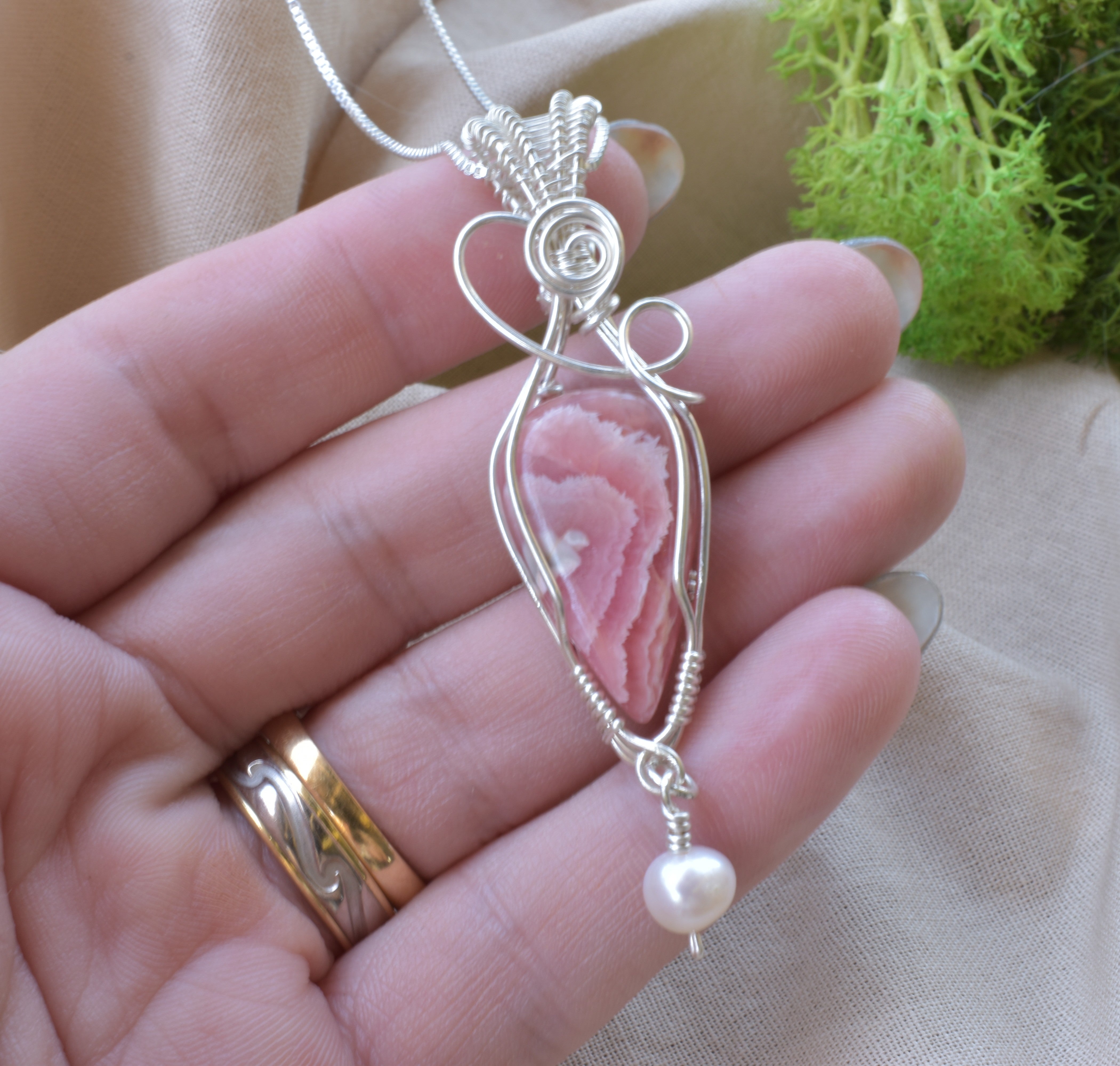 A Moment of Grace – Rhodochrosite & Pearl Wire Wrapped Pendant