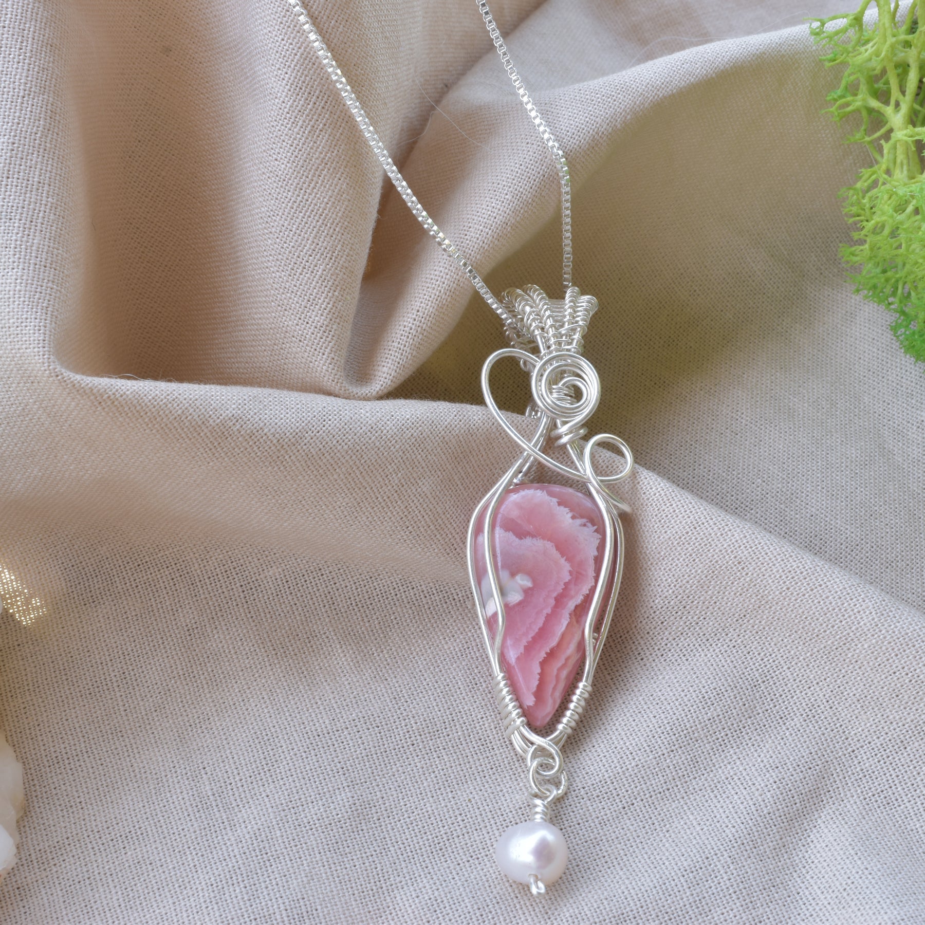 A Moment of Grace – Rhodochrosite & Pearl Wire Wrapped Pendant