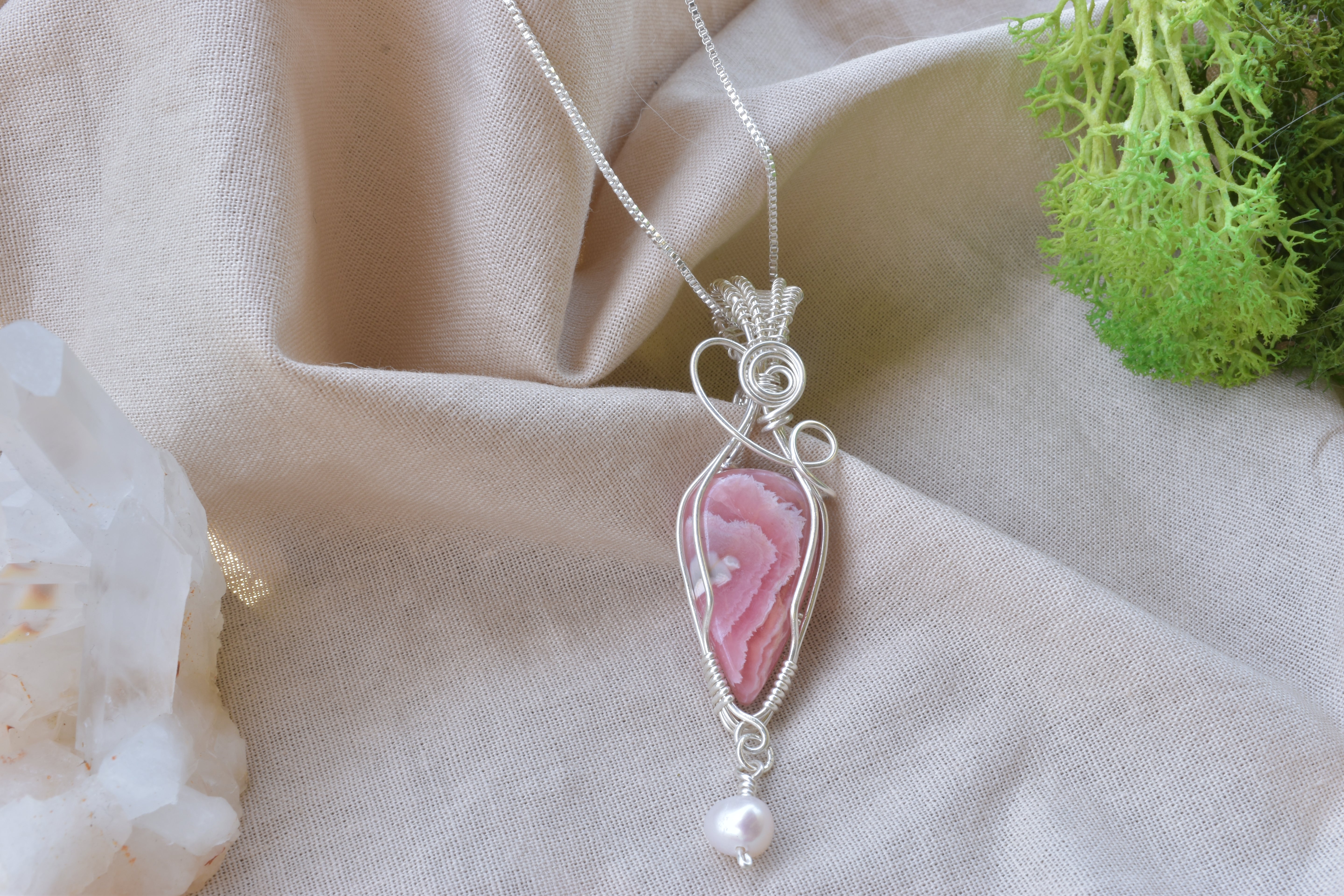 A Moment of Grace – Rhodochrosite & Pearl Wire Wrapped Pendant
