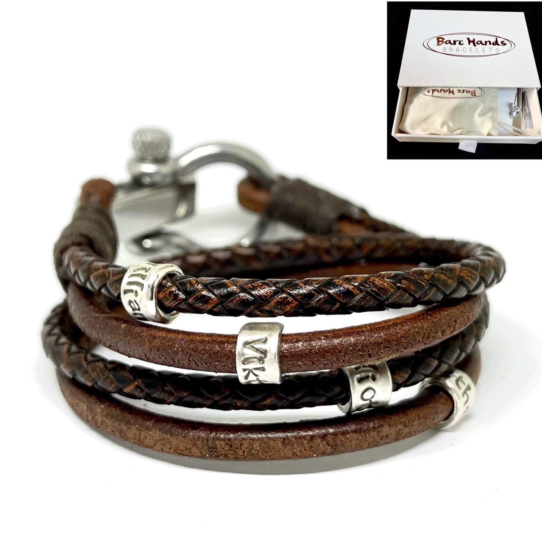 4 Cord Silver Bead Leather Wrap  - personalised