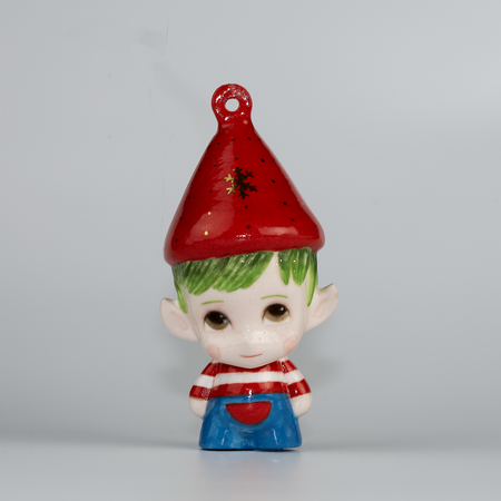 Handmade Porcelain Christmas ornament. One-of-a-kind. Ethan Elf.