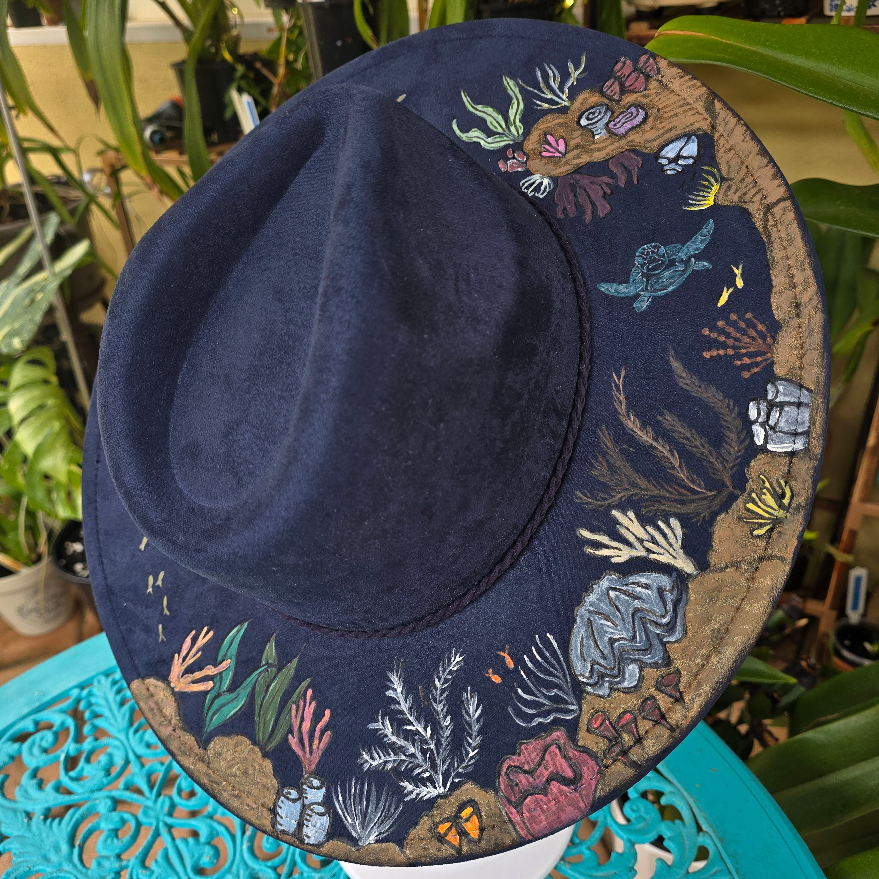 Hand burnt and painted fedora hat -- the deep sea