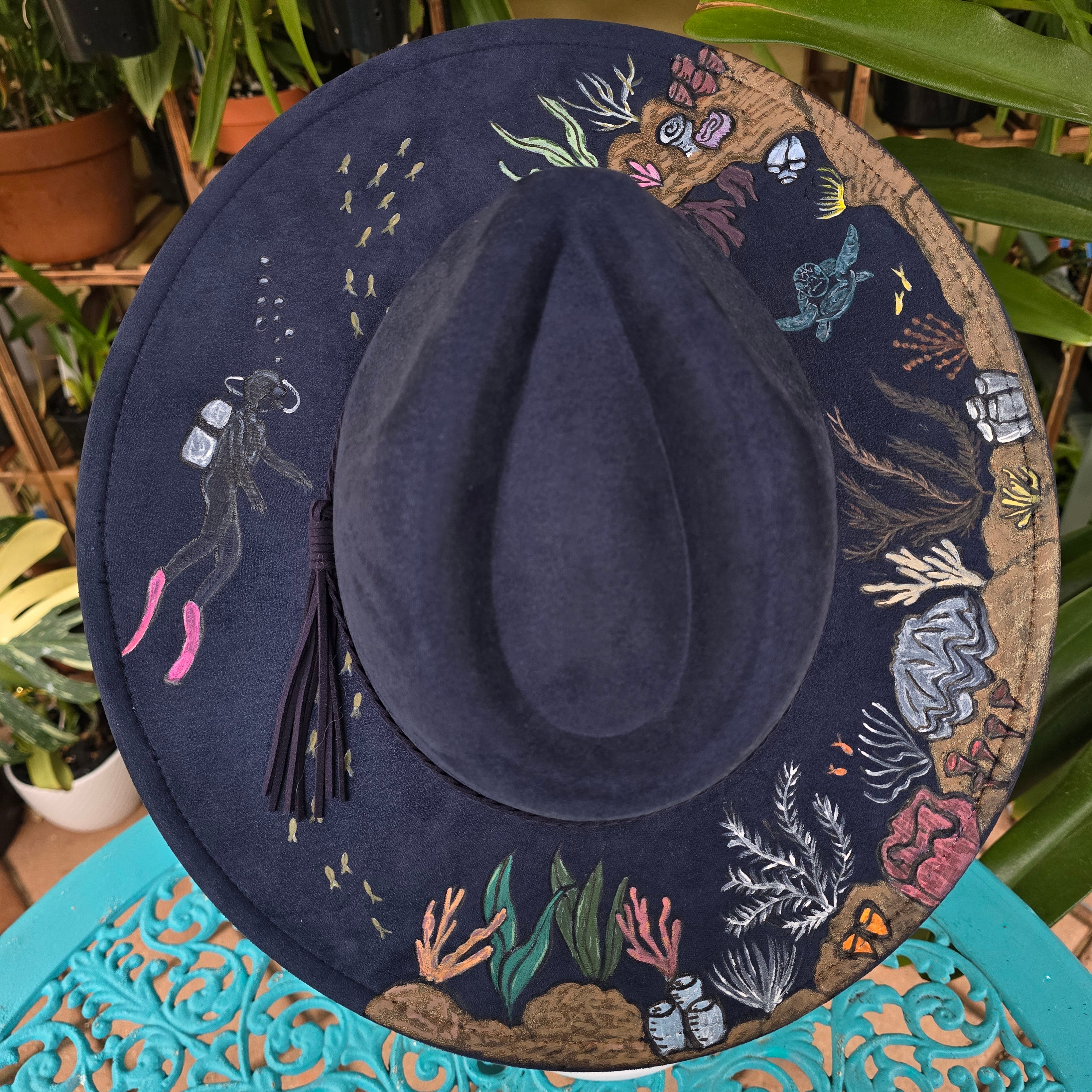 Hand burnt and painted fedora hat -- the deep sea