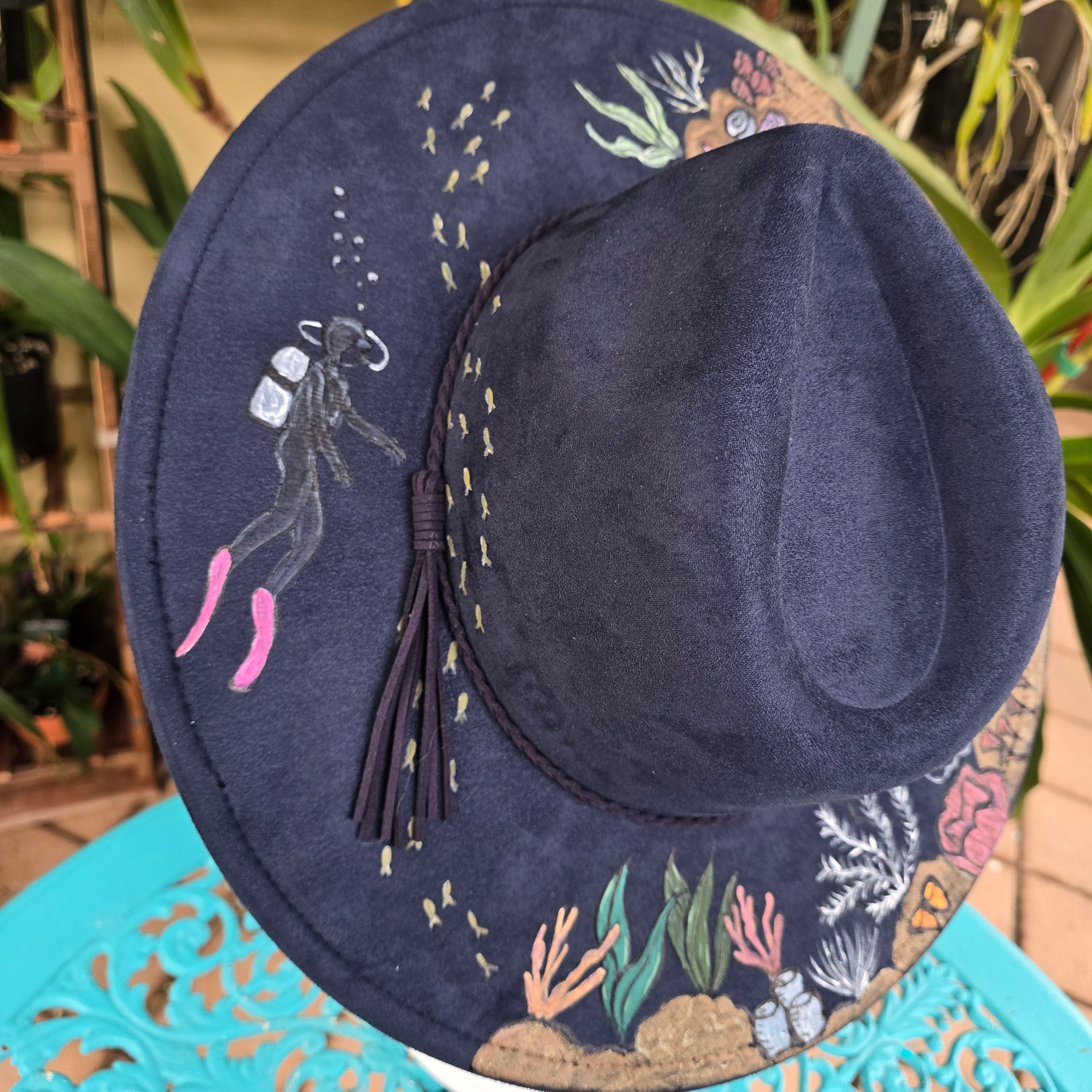 Hand burnt and painted fedora hat -- the deep sea