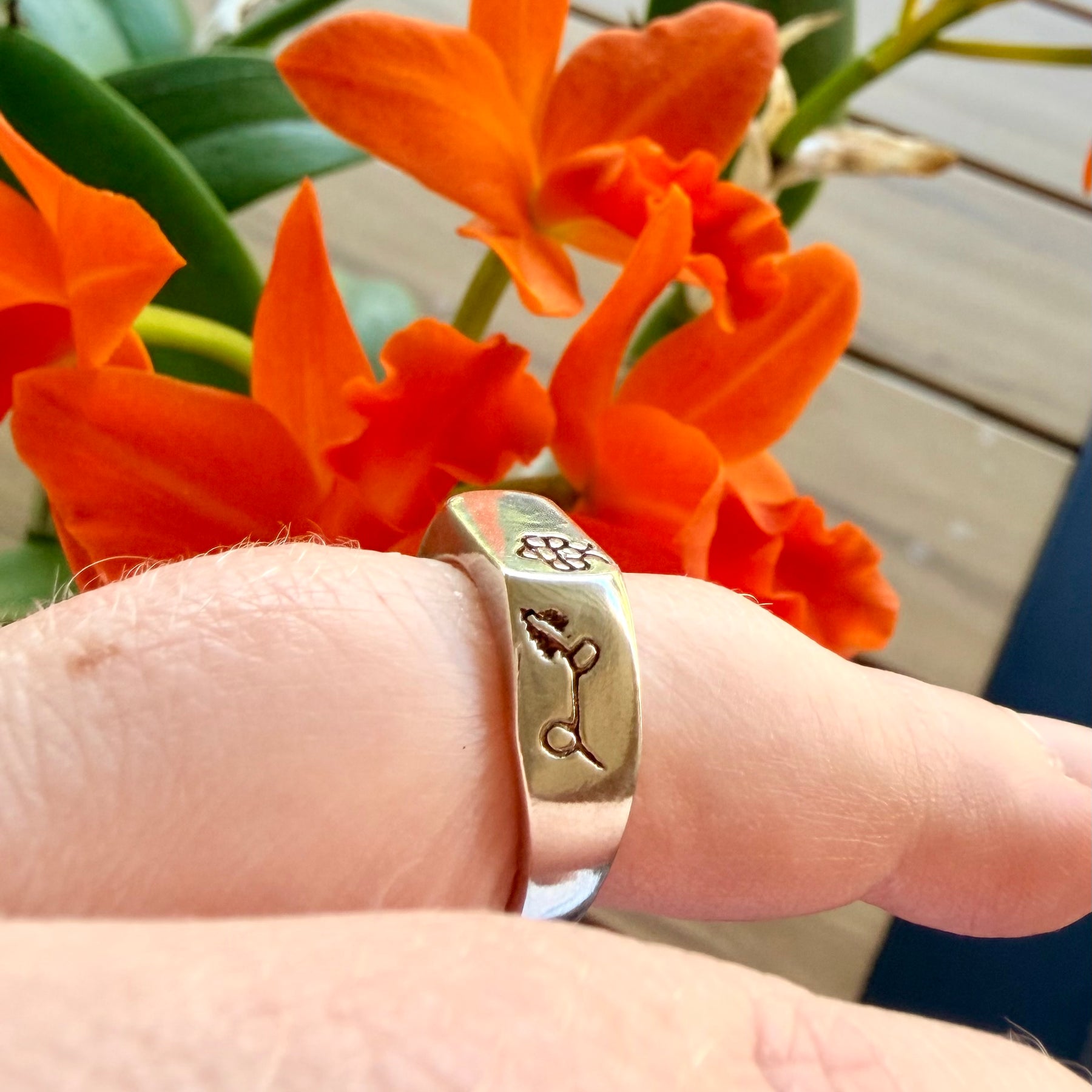 Bee The Flower Sterling Silver Signet Ring