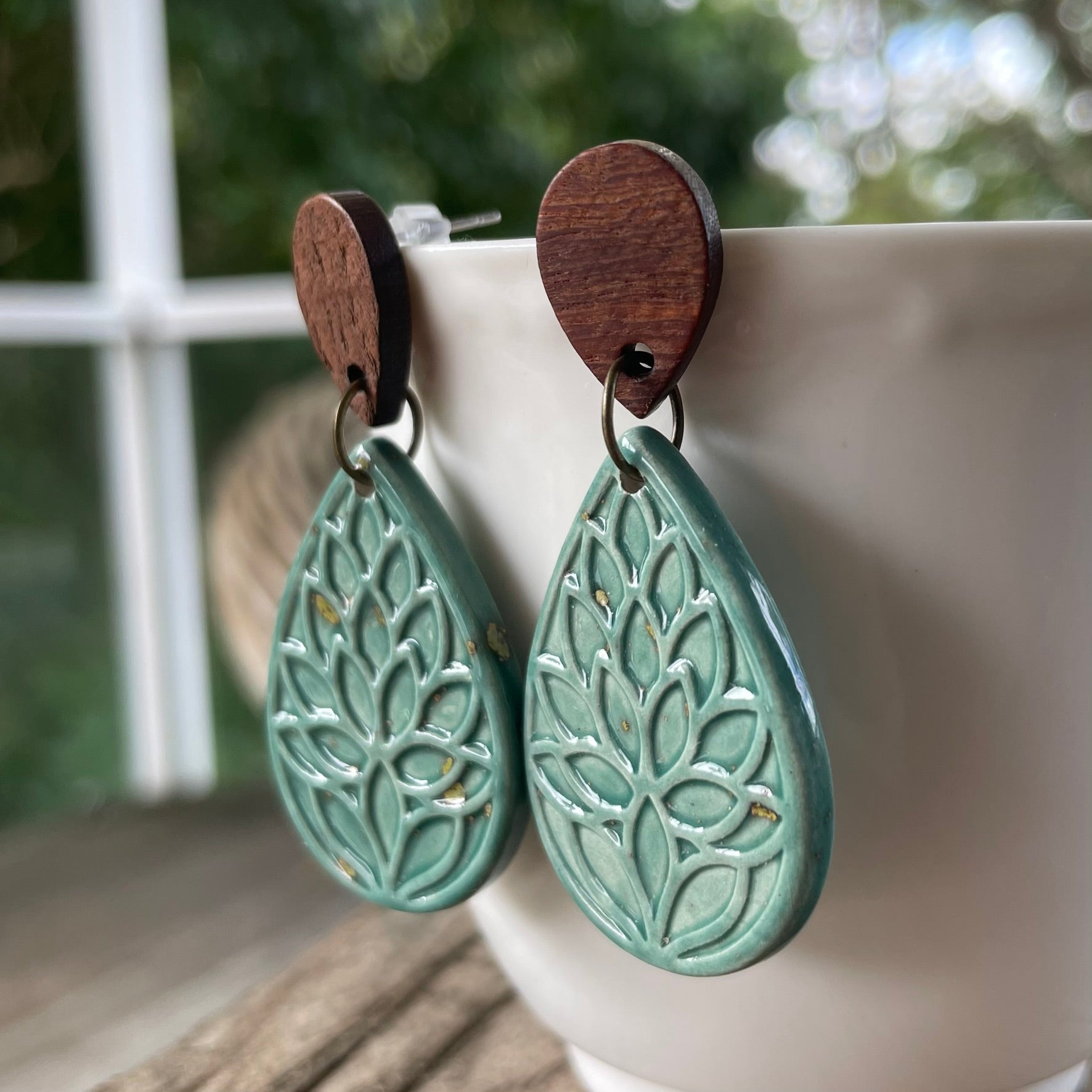 Earrings - Turquoise green ceramic teardrop leaf earrings with wooden stud