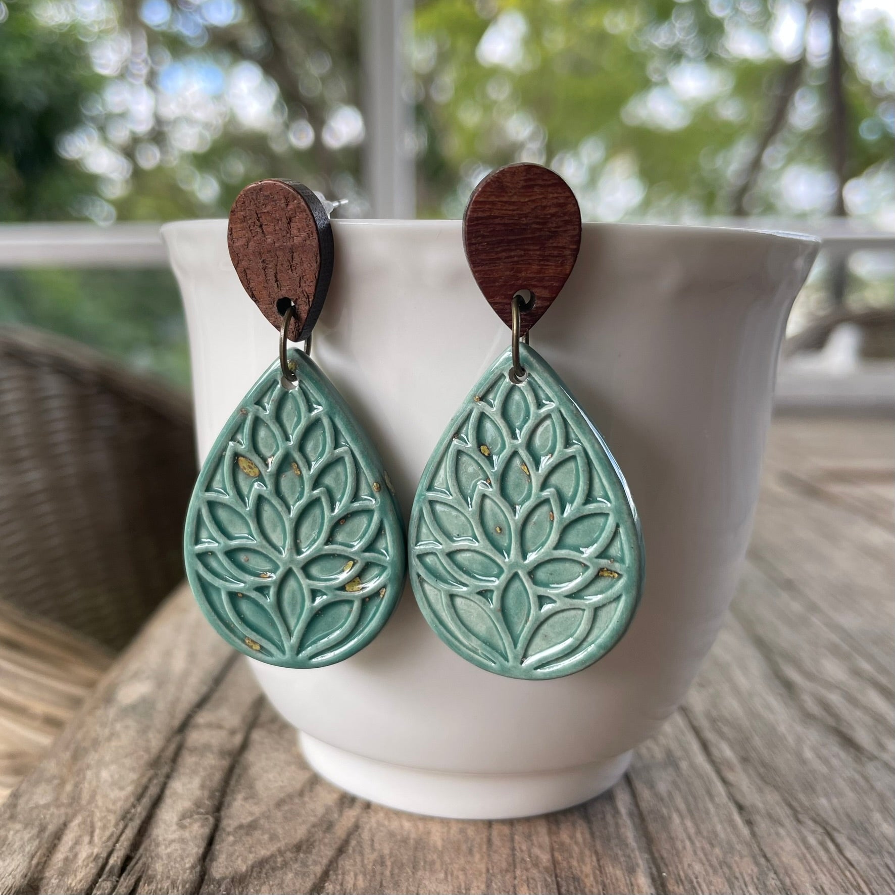 Earrings - Turquoise green ceramic teardrop leaf earrings with wooden stud