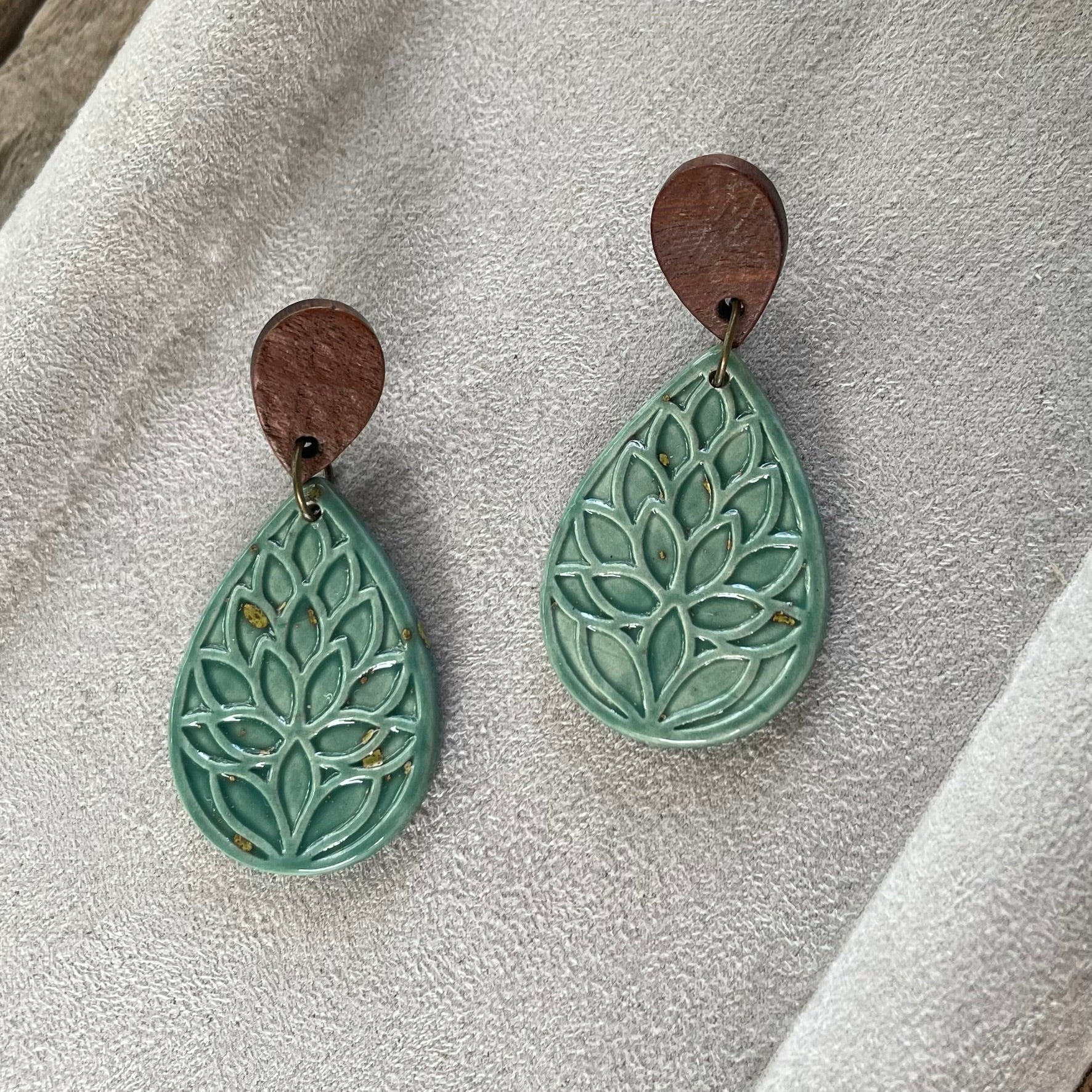 Earrings - Turquoise green ceramic teardrop leaf earrings with wooden stud