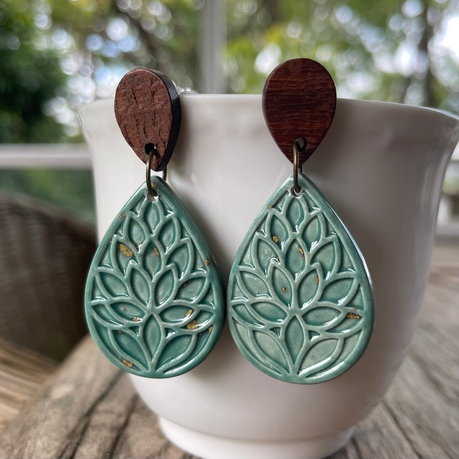 Earrings - Turquoise green ceramic teardrop leaf earrings with wooden stud