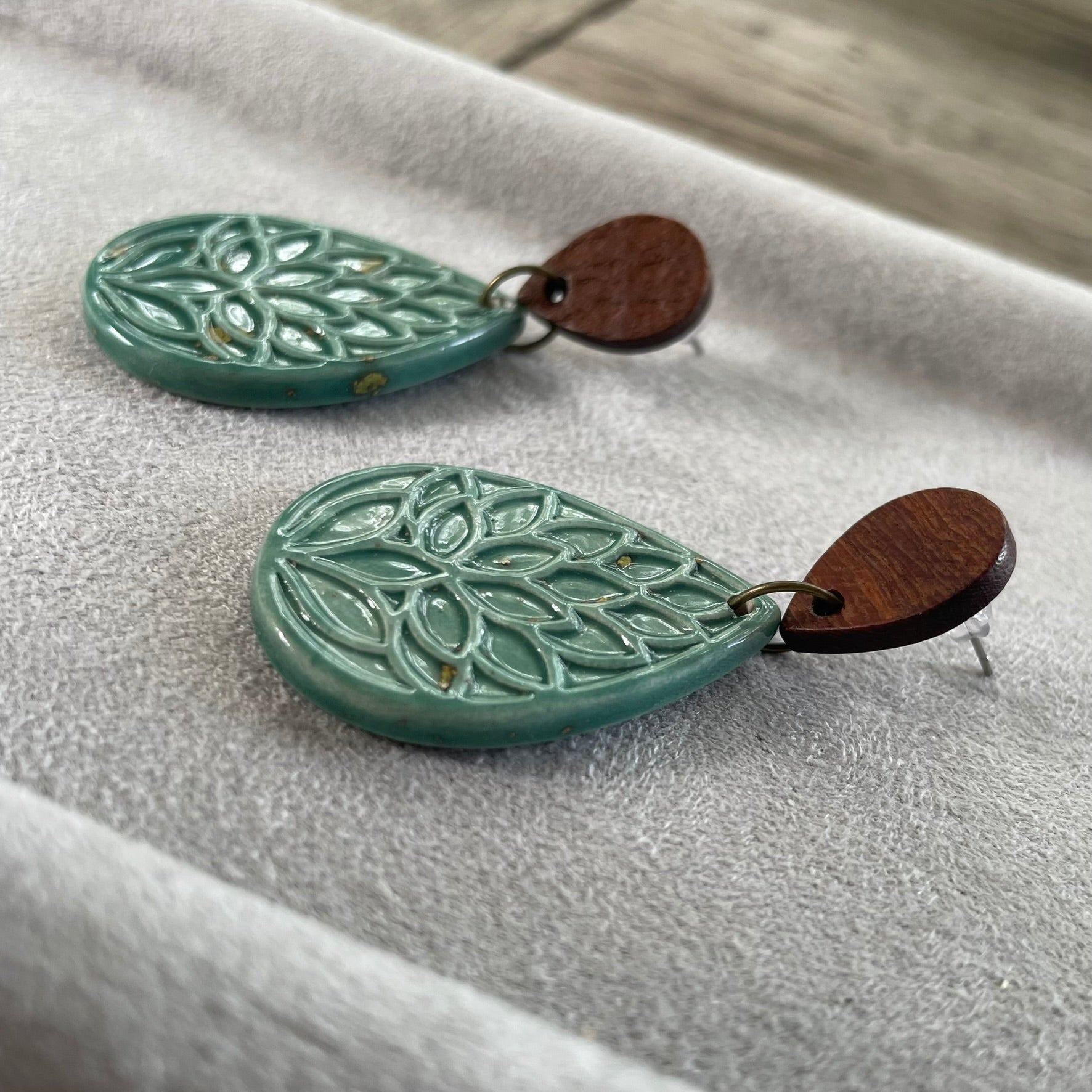 Earrings - Turquoise green ceramic teardrop leaf earrings with wooden stud