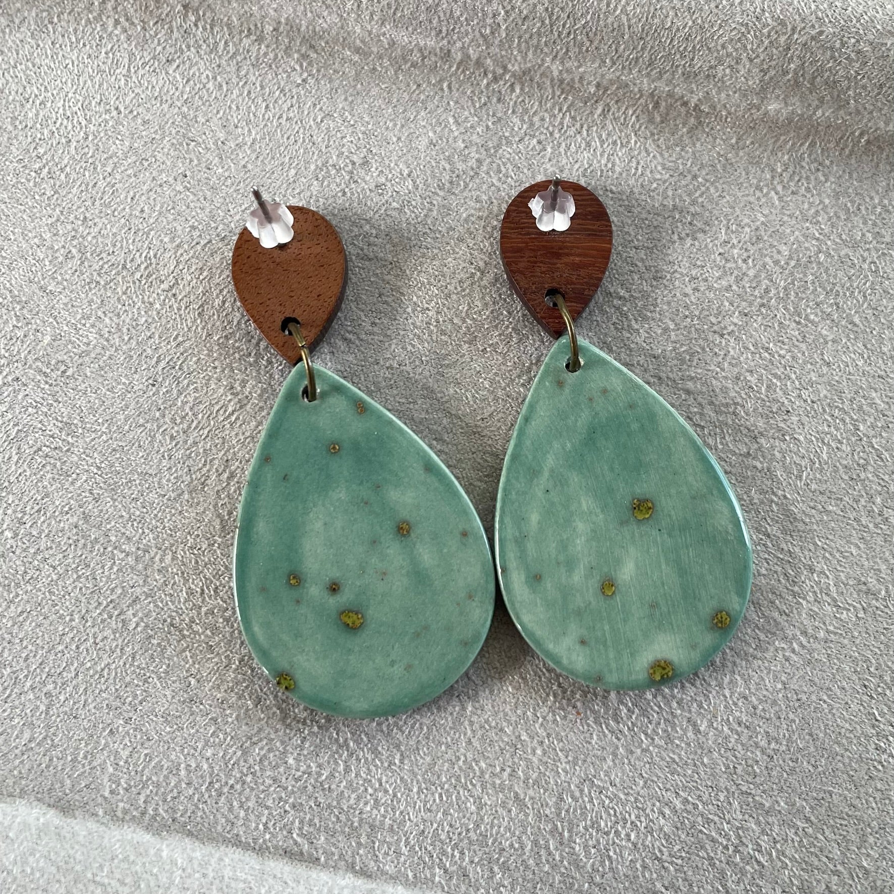 Earrings - Turquoise green ceramic teardrop leaf earrings with wooden stud