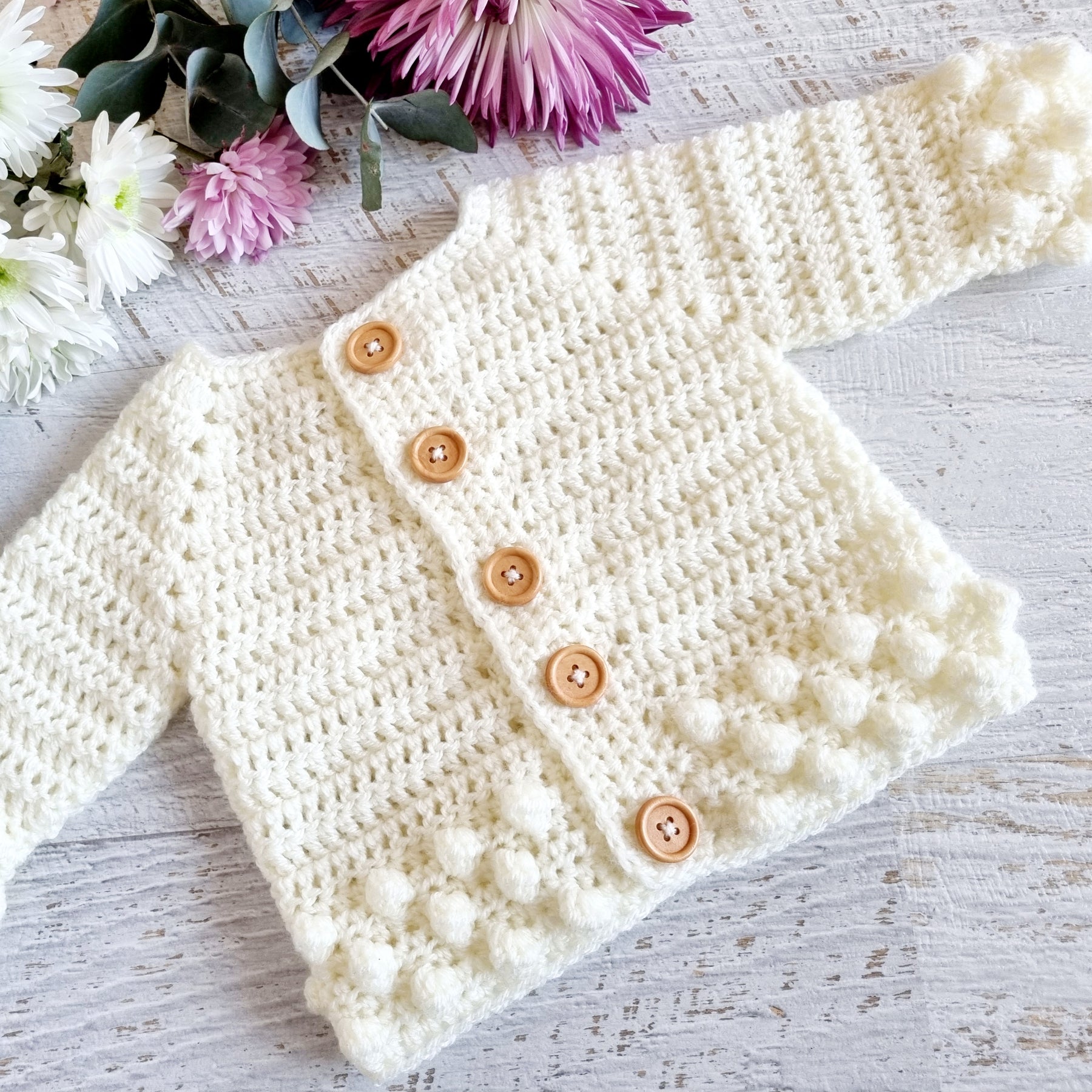 Baby Cardigan | Newborn | Cream/Off White | Crochet | Bobble | Coatigan | Jacket