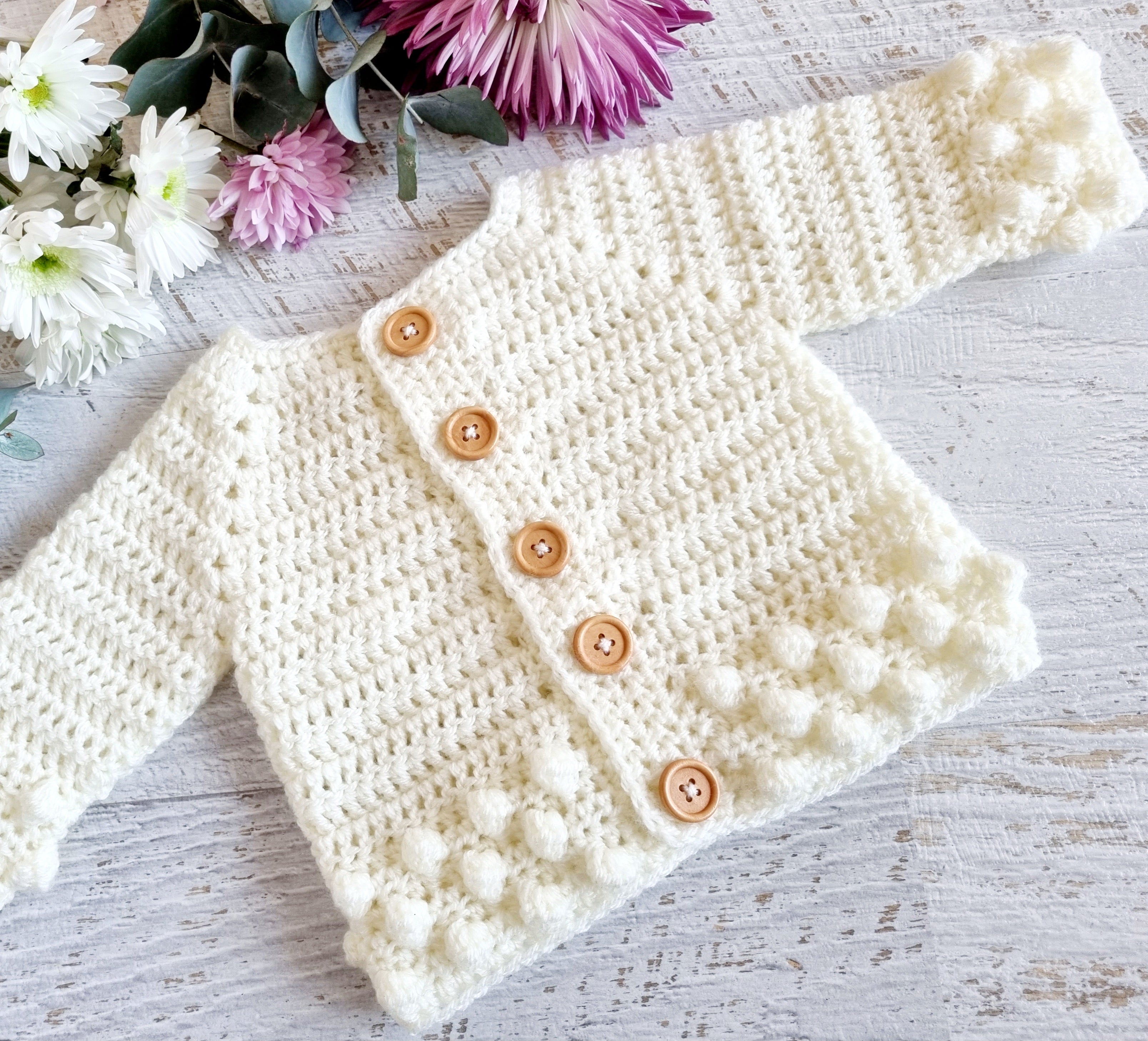 Baby Cardigan | Newborn | Cream/Off White | Crochet | Bobble | Coatigan | Jacket