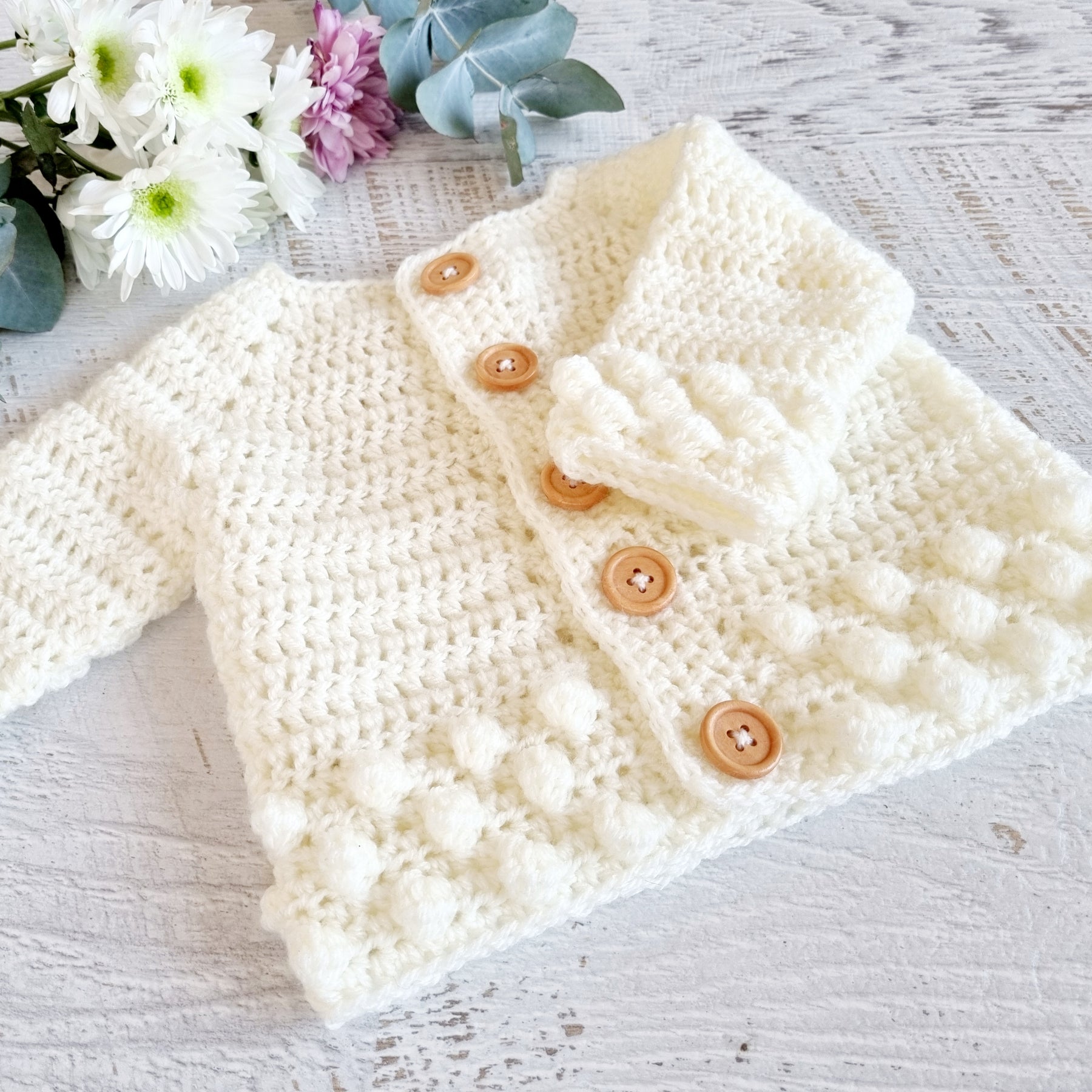 Baby Cardigan | Newborn | Cream/Off White | Crochet | Bobble | Coatigan | Jacket