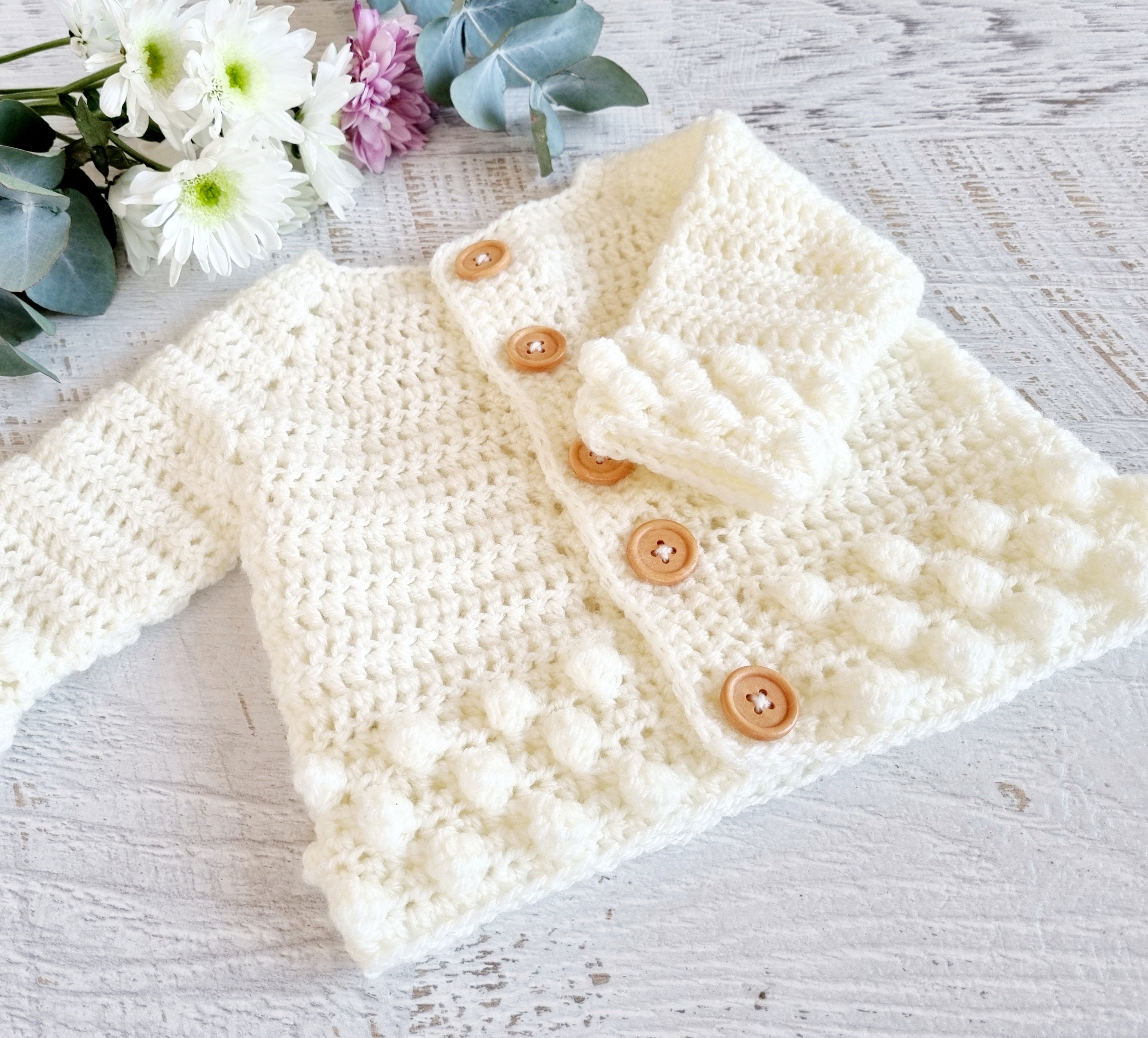 Baby Cardigan | Newborn | Cream/Off White | Crochet | Bobble | Coatigan | Jacket